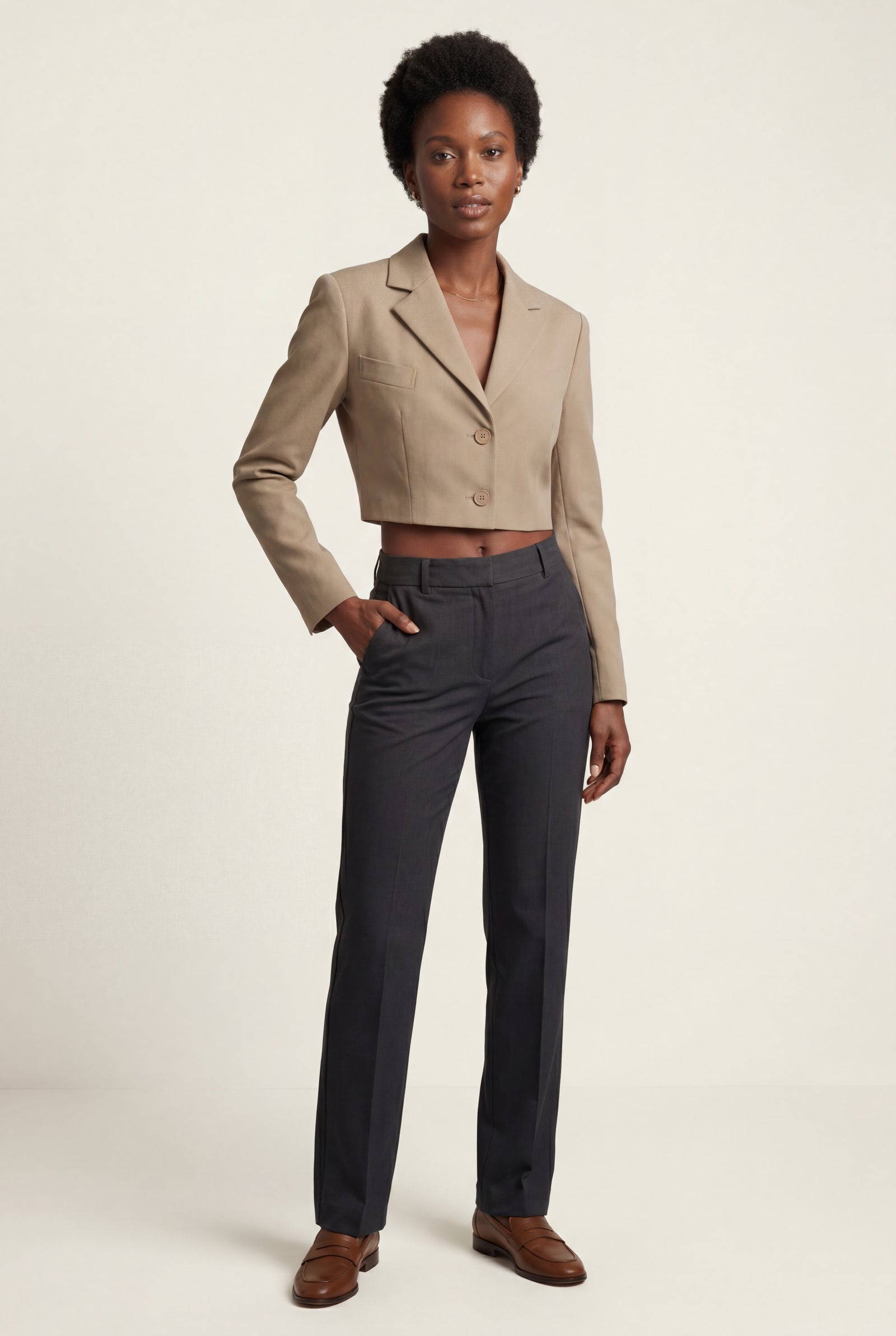 Khaki Light Taupe Cropped Tailored Blazer with Notched Collar - Blazers - Photo 1