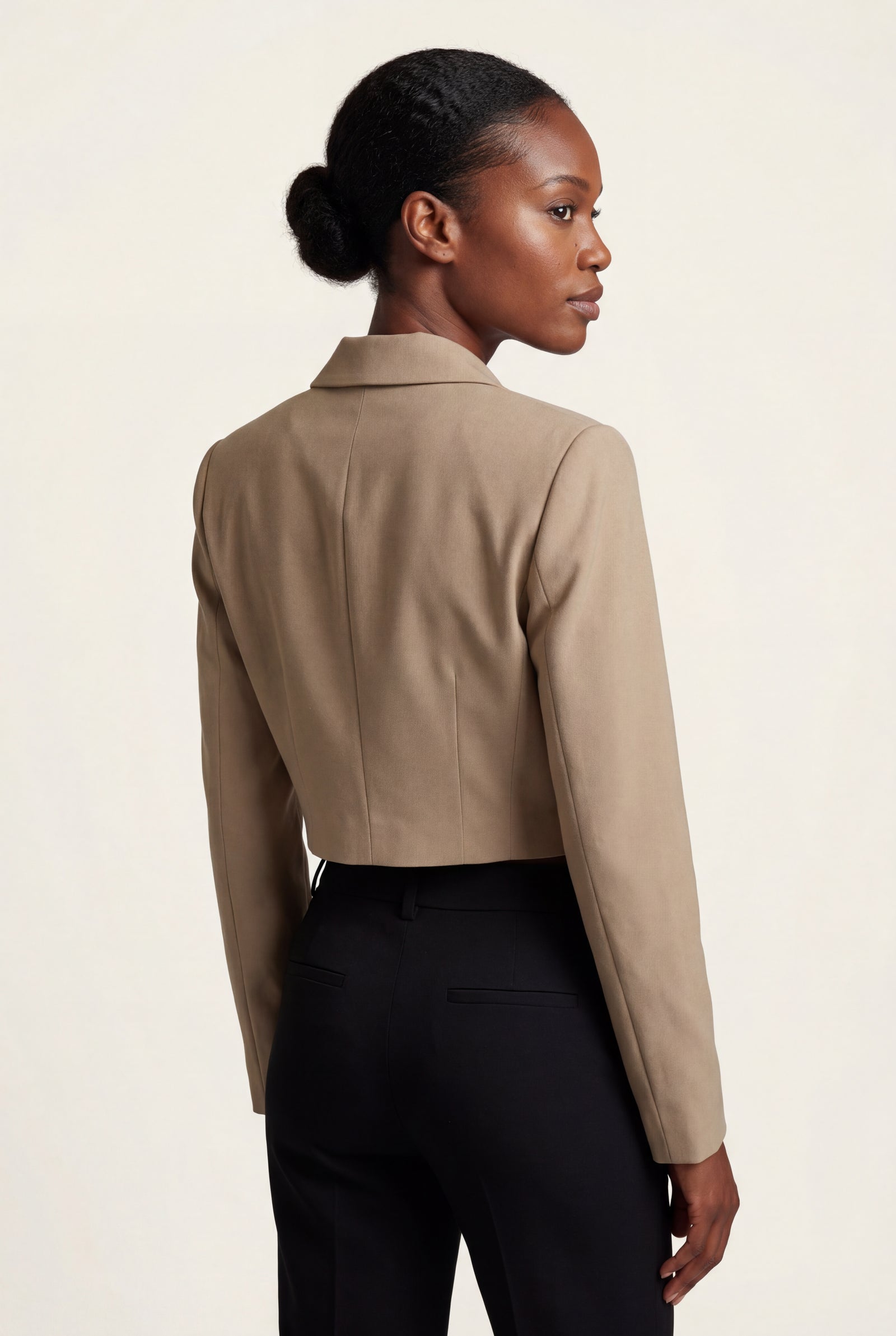 Khaki Light Taupe Cropped Tailored Blazer with Notched Collar - Blazers - Photo 2
