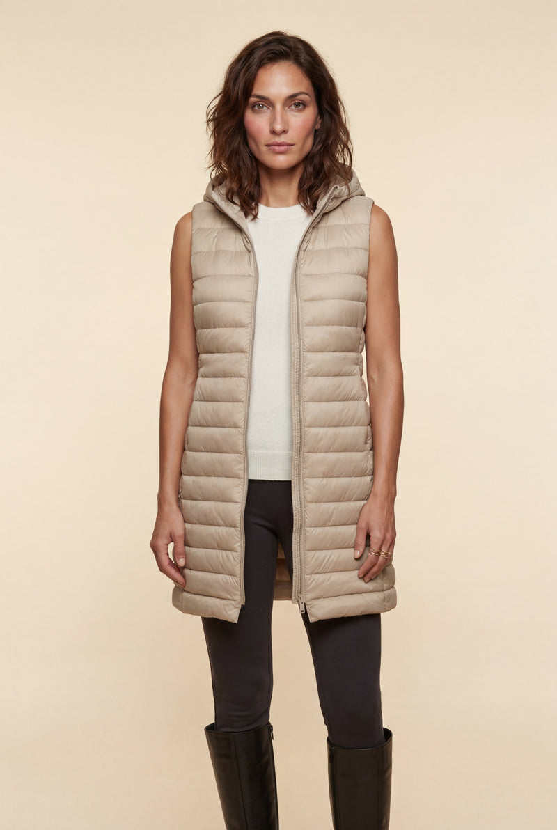 Khaki Longline Quilted Hooded Bodywarmer Vest with Full Zip - Bodywarmer vests - Photo 1