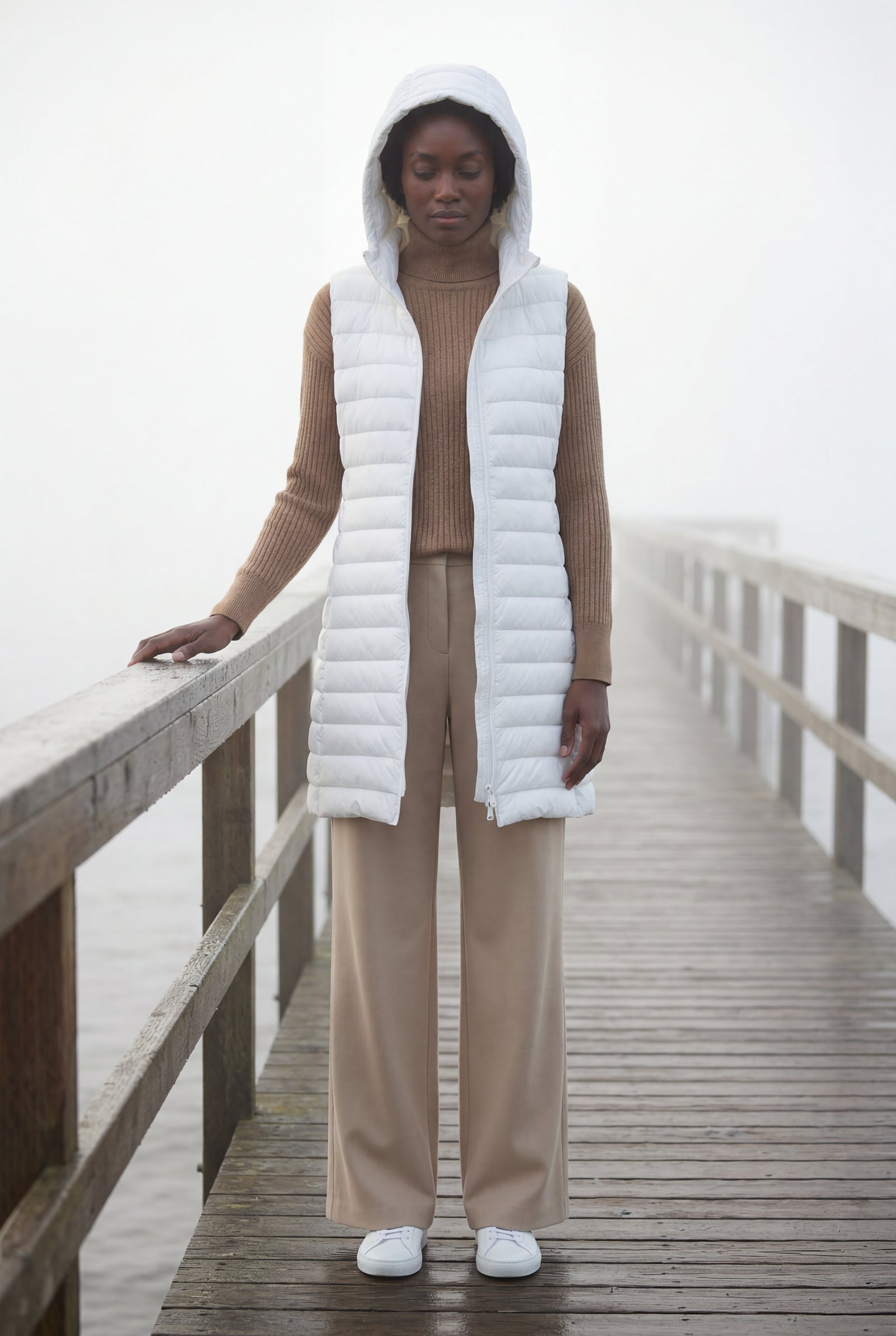 White Longline Quilted Hooded Bodywarmer Vest with Full Zip - Bodywarmer vests - Photo 15