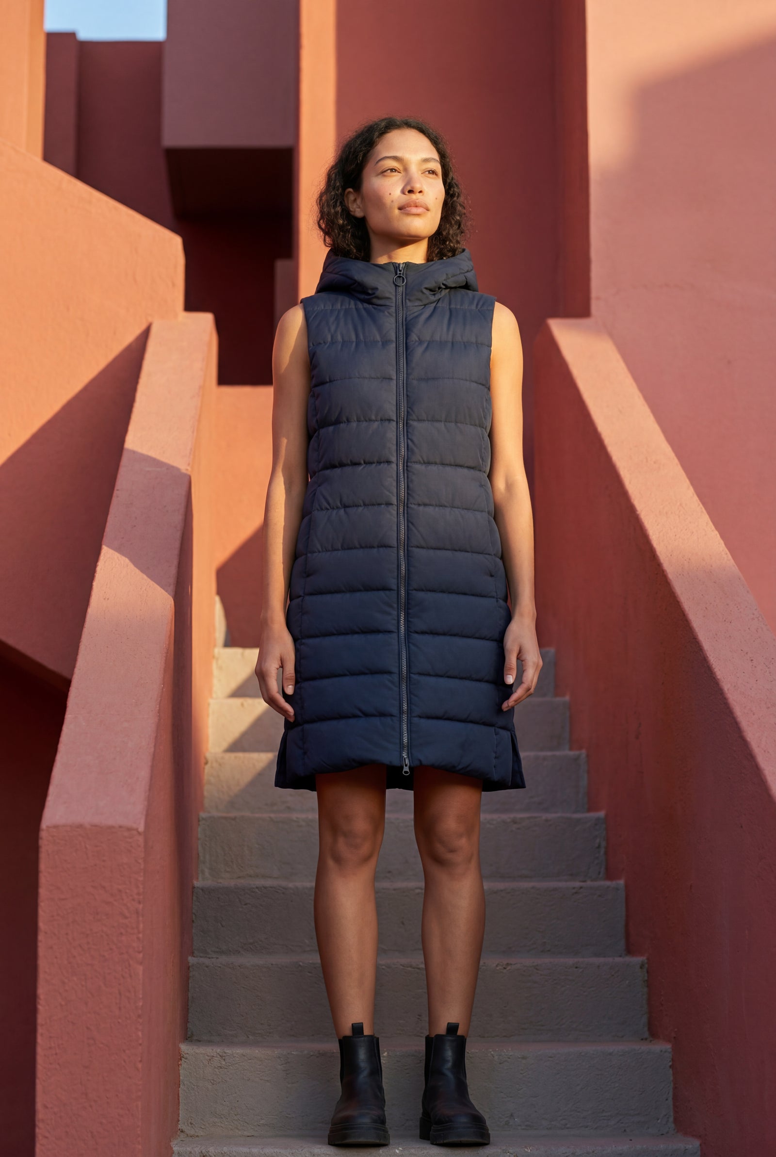 Navy Blue Longline Quilted Hooded Bodywarmer Vest with Full Zip - Bodywarmer vests - Photo 5