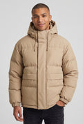 Matte Finish Hooded Puffer Jacket in Khaki — studio front