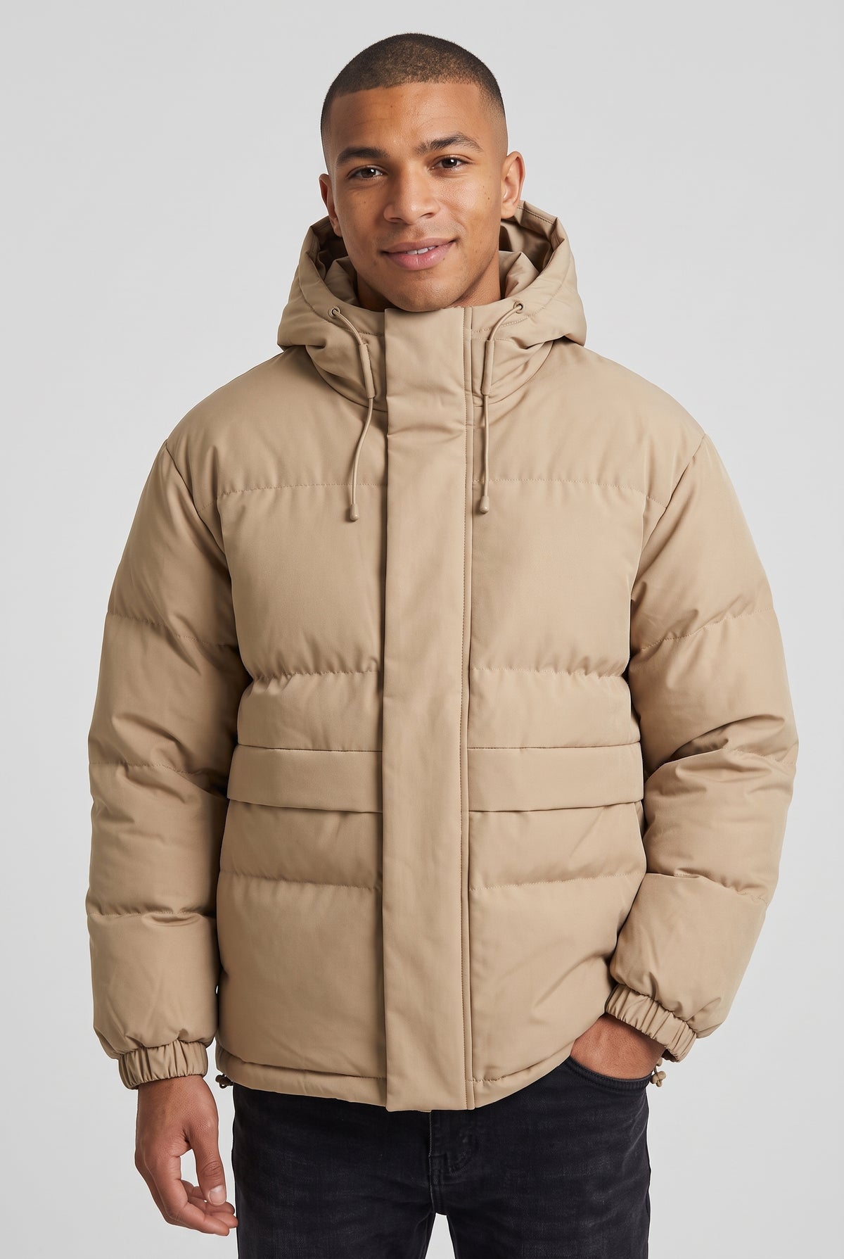 Matte Finish Hooded Puffer Jacket in Khaki — studio front