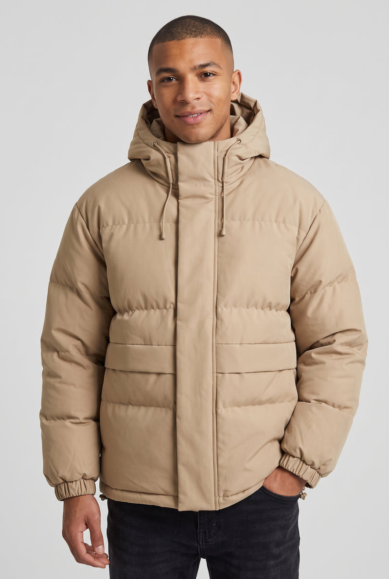 Matte Finish Hooded Puffer Jacket in Khaki — studio front