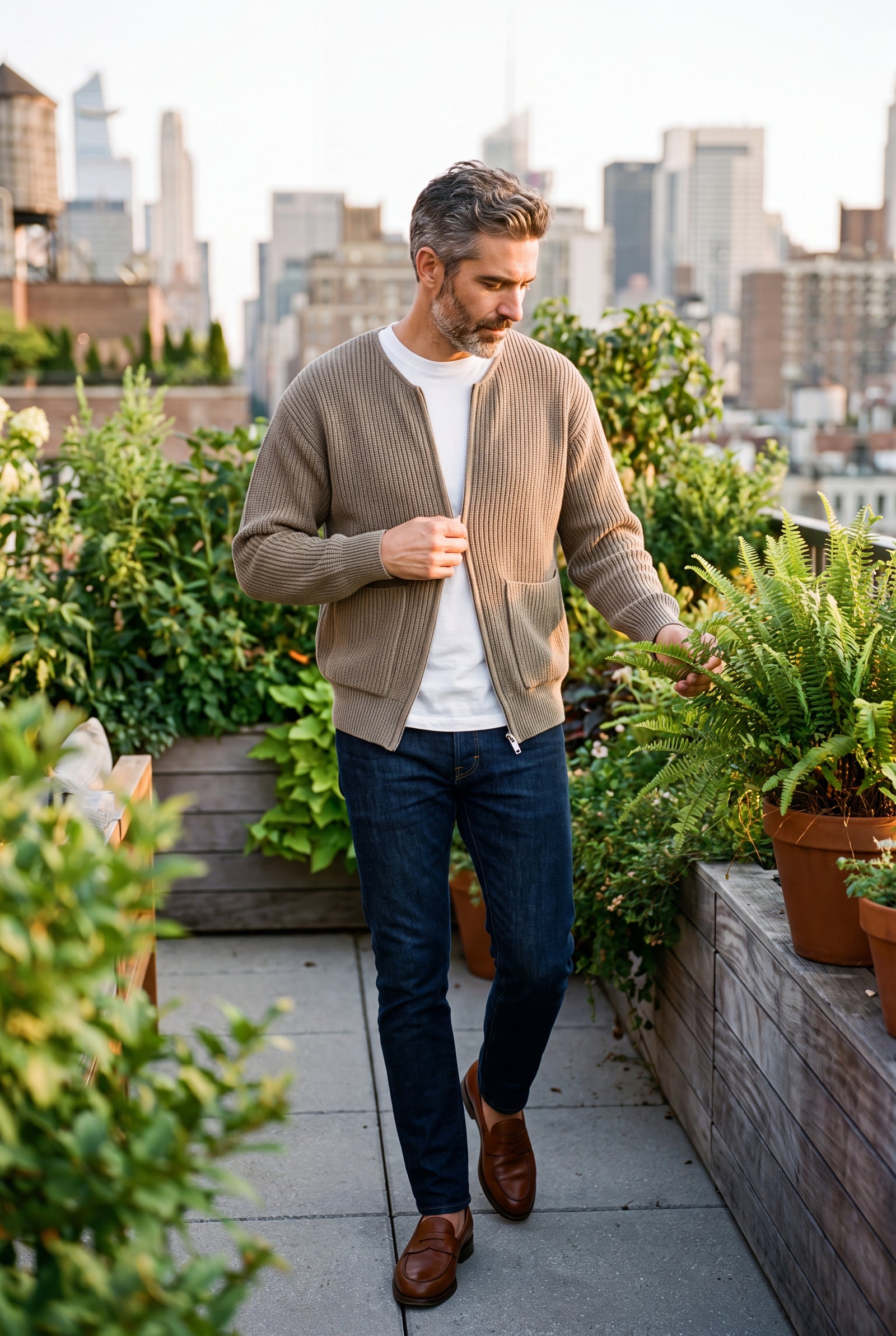 Men's Cardigan Zip Front with Pockets in Khaki — lifestyle urban exploration