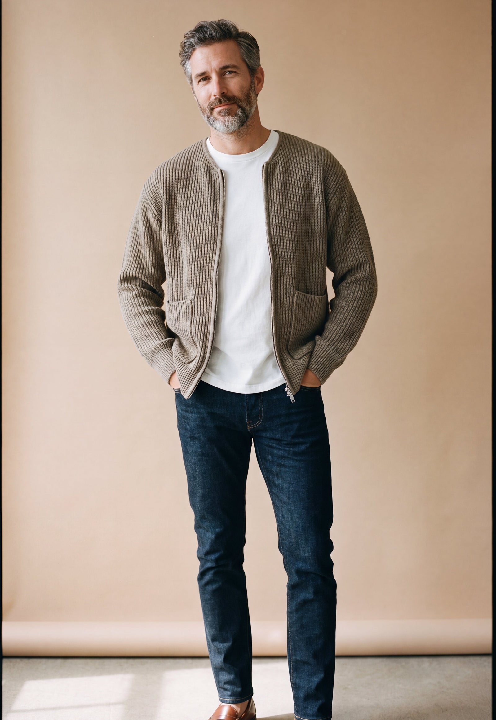 Men's Cardigan Zip Front with Pockets in Khaki — studio full body
