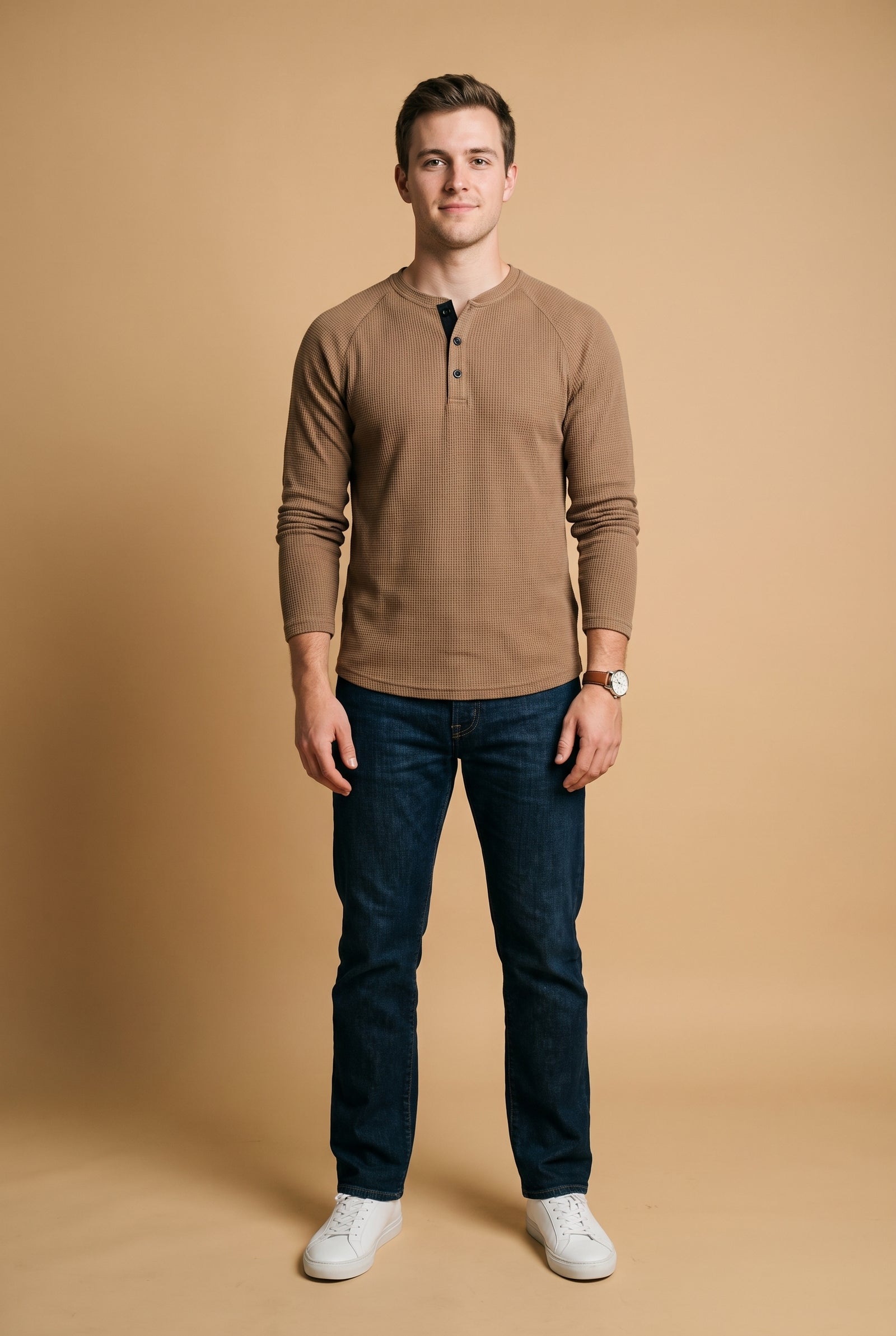 Men's Henley Shirt Long Sleeve Button Placket in Khaki — studio front