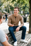 Men's Henley Shirt Long Sleeve Button Placket in Khaki — weekend hangout