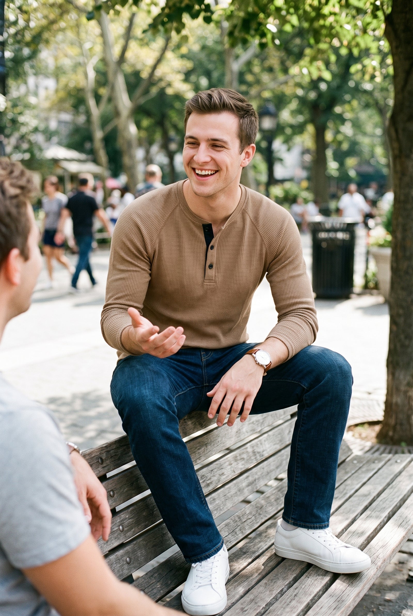 Men's Henley Shirt Long Sleeve Button Placket in Khaki — weekend hangout