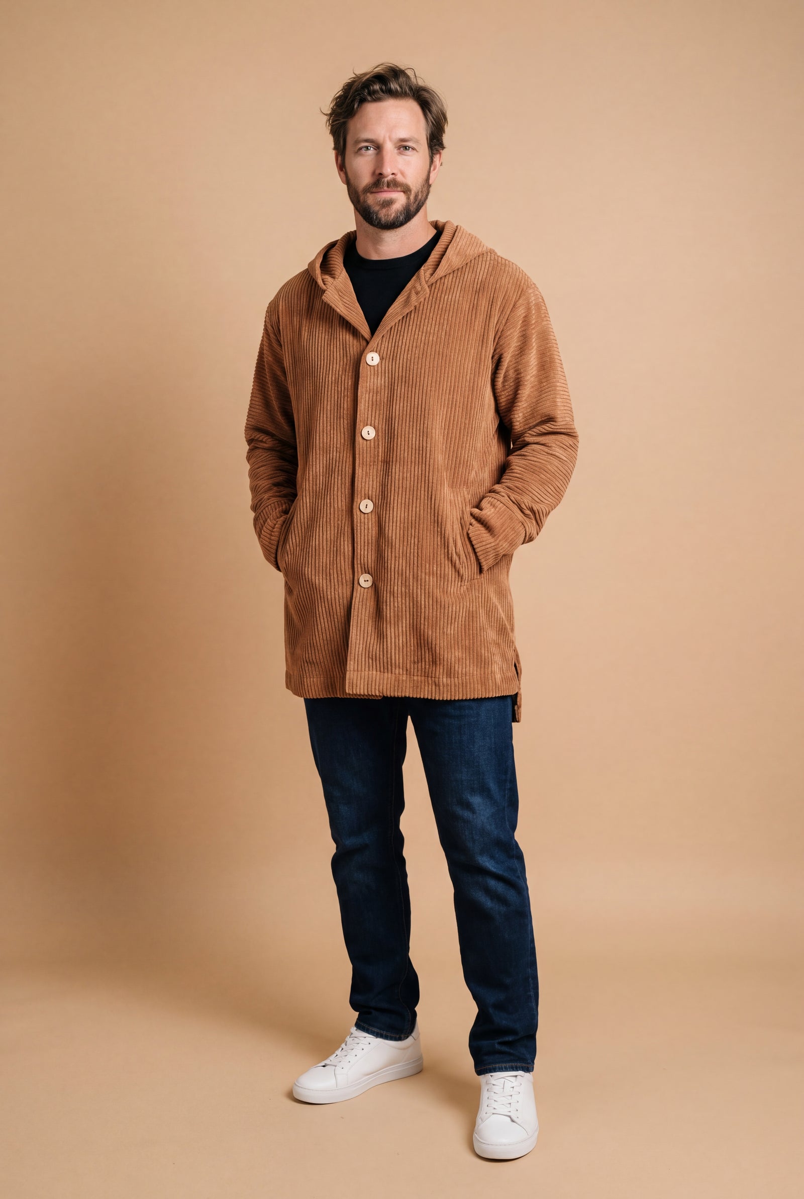 Men's Hoodie Jacket Relaxed Fit in Khaki — studio fullbody