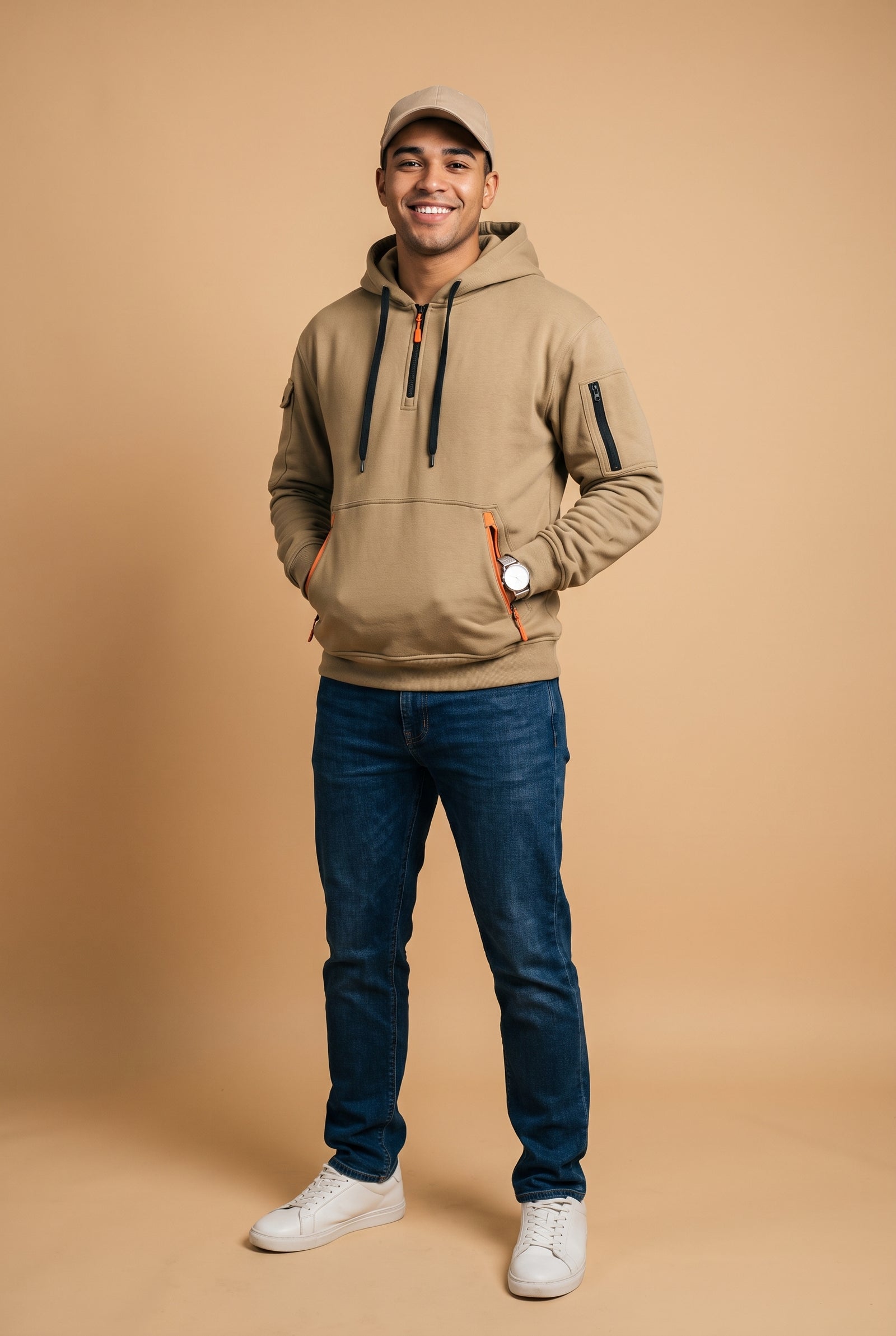 Men's Hoodie Relaxed Fit in Khaki — studio full body