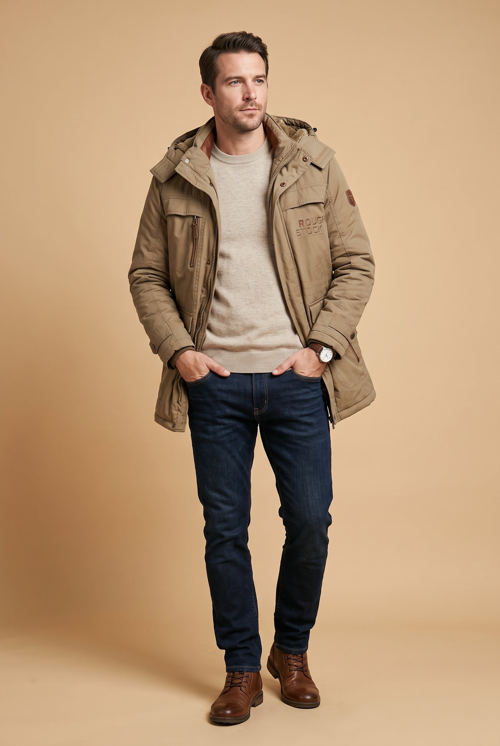 Men's Parka Thick Hooded in Khaki — studio shot