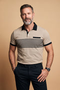 Men's Polo Shirt Striped Short Sleeve in Khaki — studio fullbody