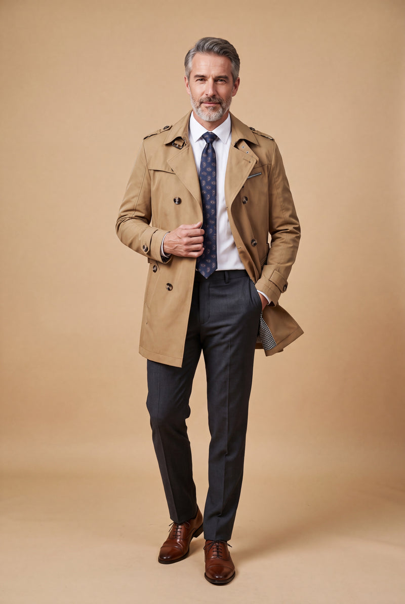 Men's Trench Coat Double Breasted in Khaki — primary studio
