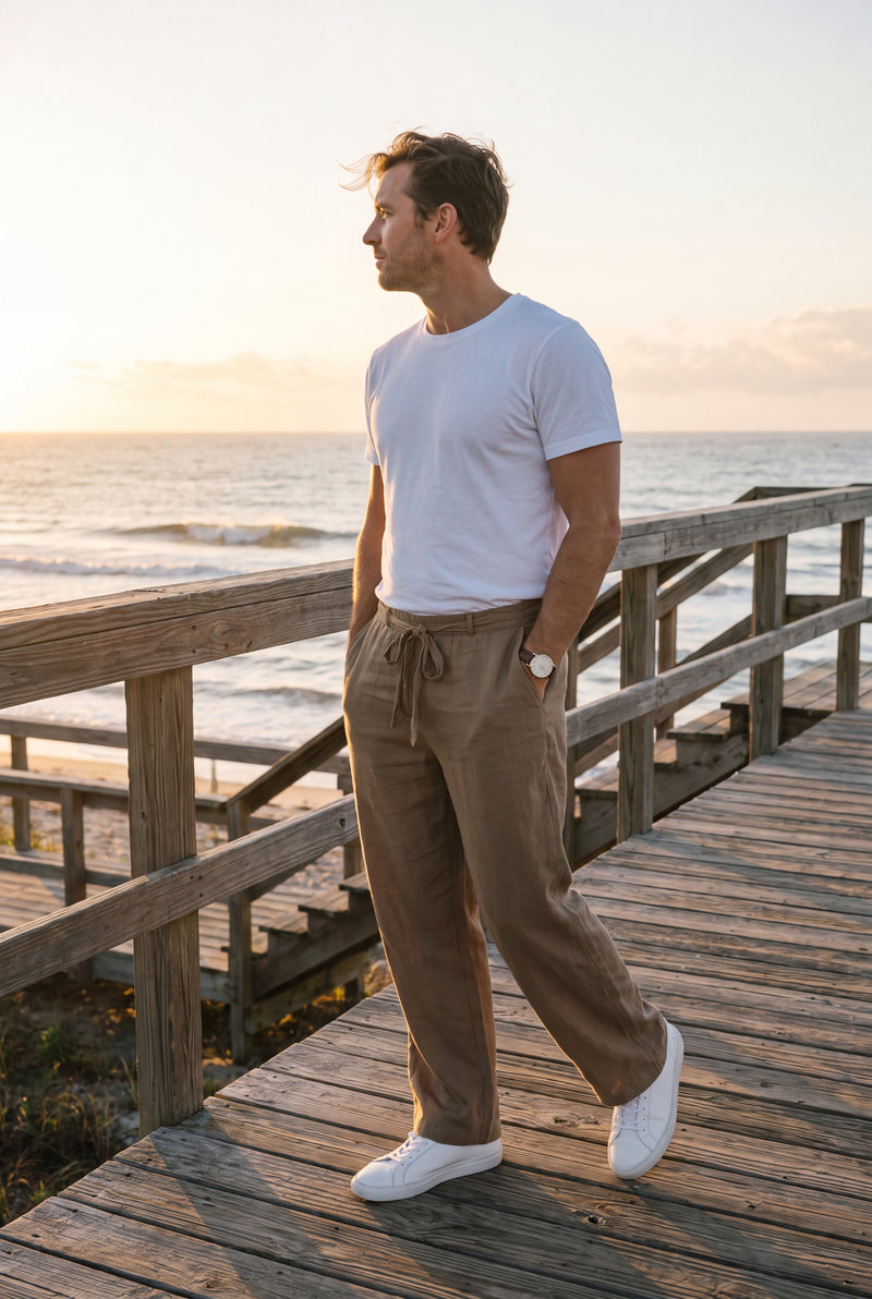 Men's Trousers Wide Leg Drawstring in Khaki — lifestyle seaside morning
