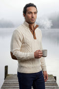 White Men's Cable Pullover Sweater with Elbow Patches - Photo 14