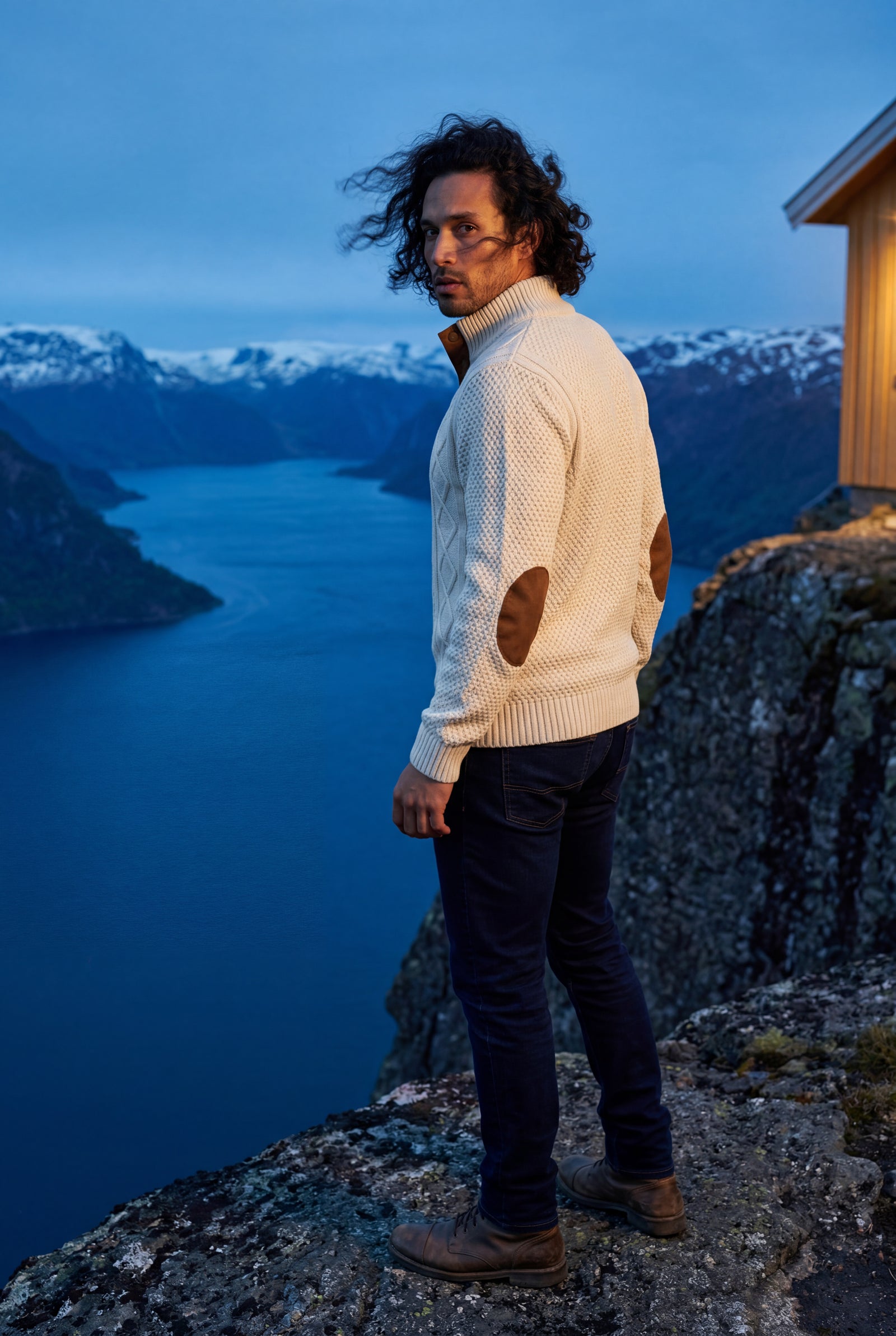 White Men's Cable Pullover Sweater with Elbow Patches - Photo 16