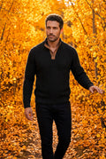 Black Men's Cable Pullover Sweater with Elbow Patches - Photo 4