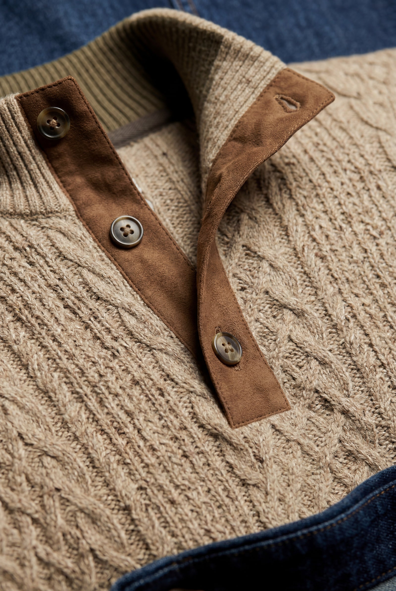 Khaki Men's Cable Pullover Sweater with Elbow Patches - Photo 5