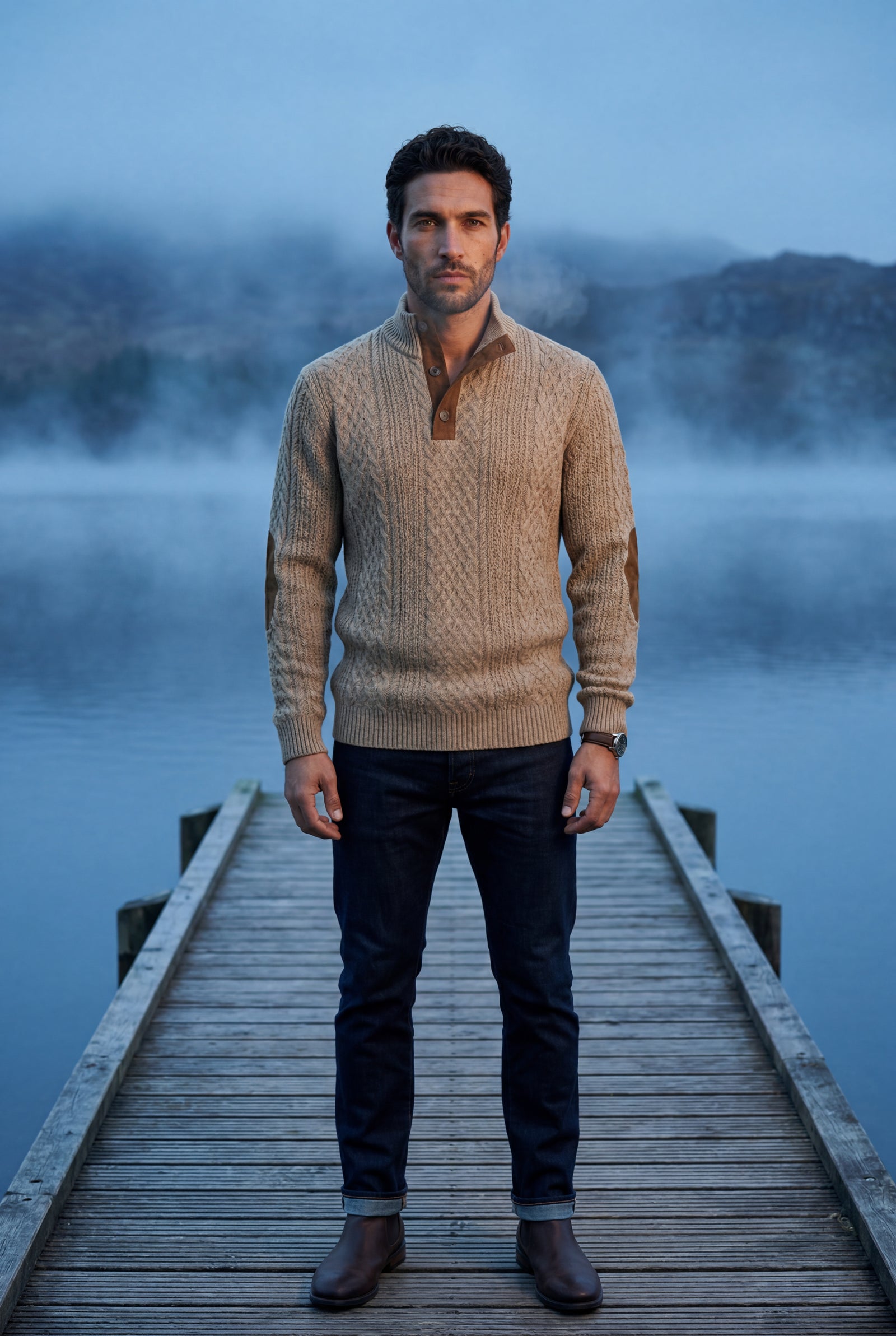 Khaki Men's Cable Pullover Sweater with Elbow Patches - Photo 8