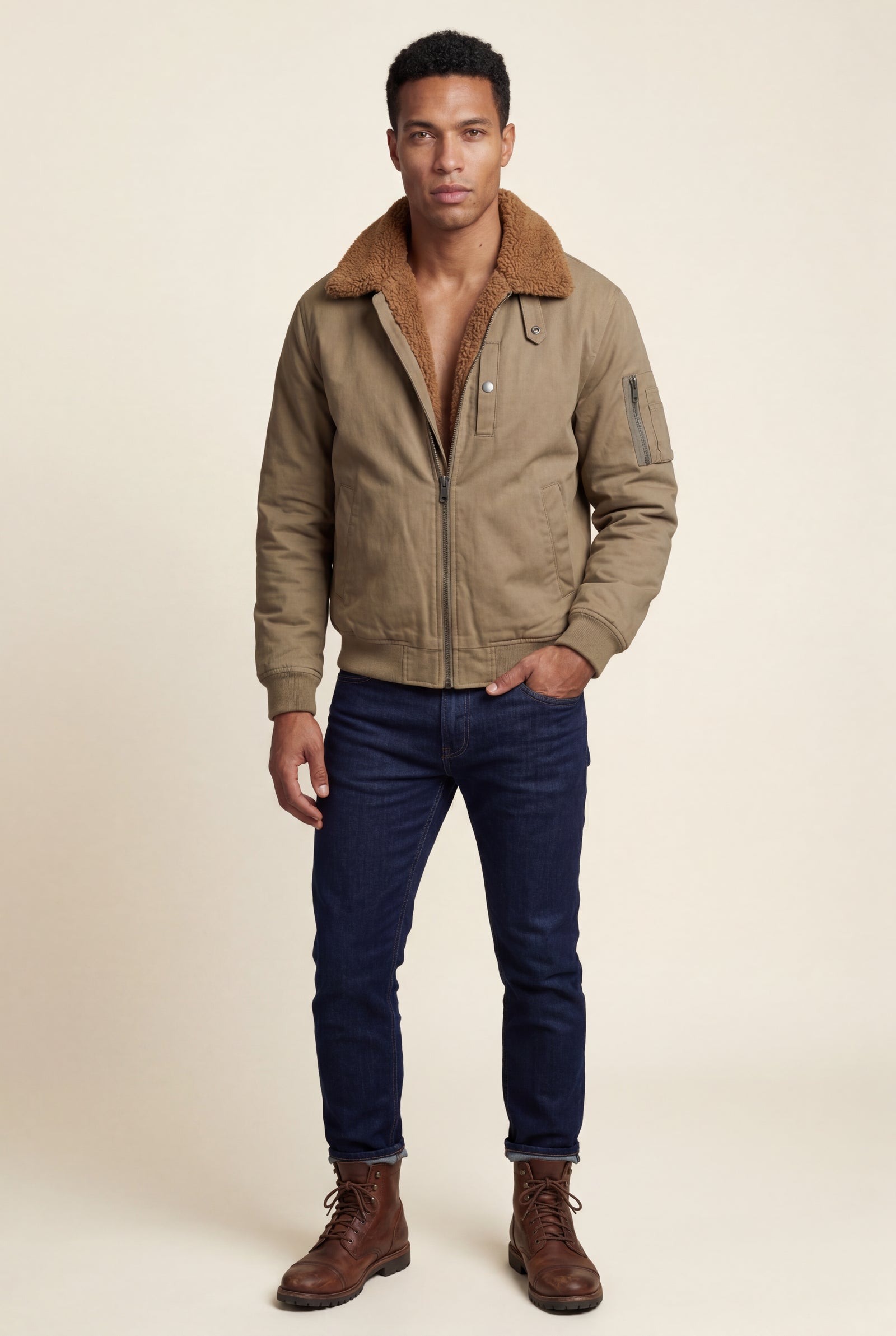 Khaki Men's Faux Collar Classic Bomber Jacket - Casual jacket - Photo 13