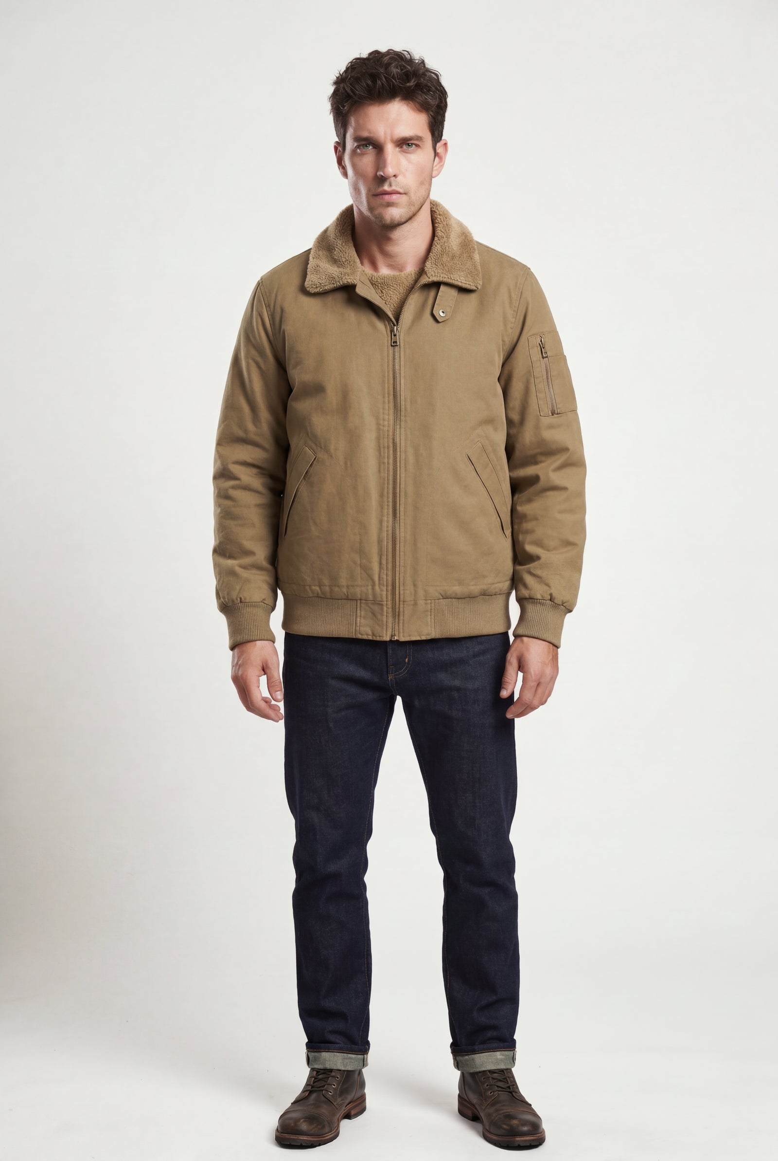 Khaki Men's Faux Collar Classic Bomber Jacket - Casual jacket - Photo 17