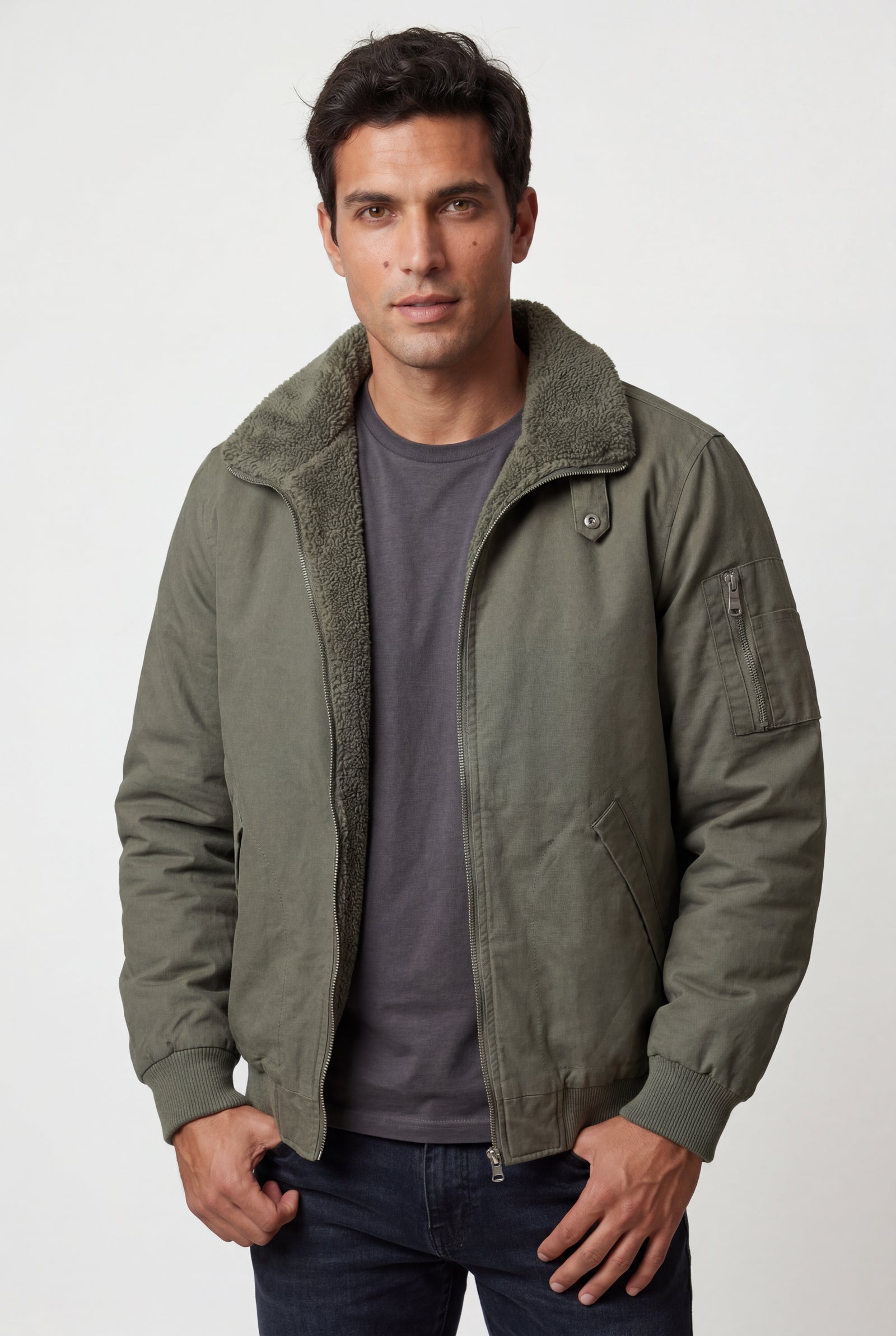 Olive Grey Men's Faux Collar Classic Bomber Jacket - Casual jacket - Photo 18