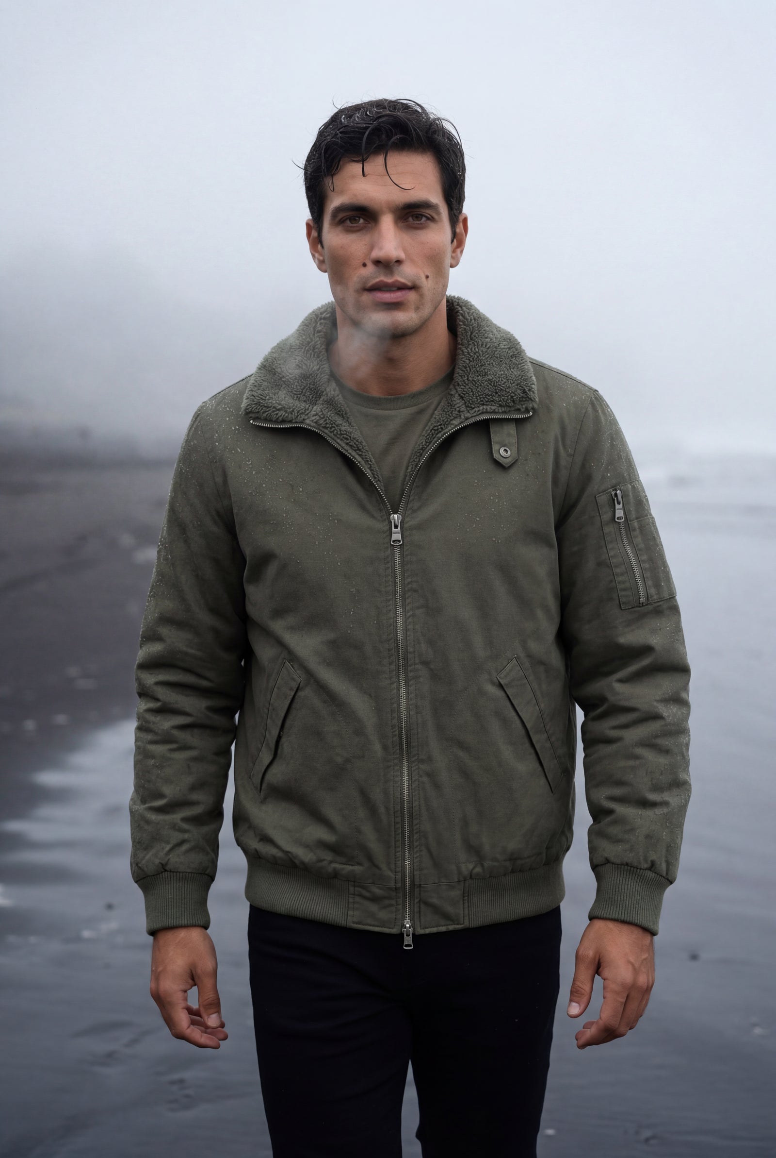 Olive Grey Men's Faux Collar Classic Bomber Jacket - Casual jacket - Photo 22