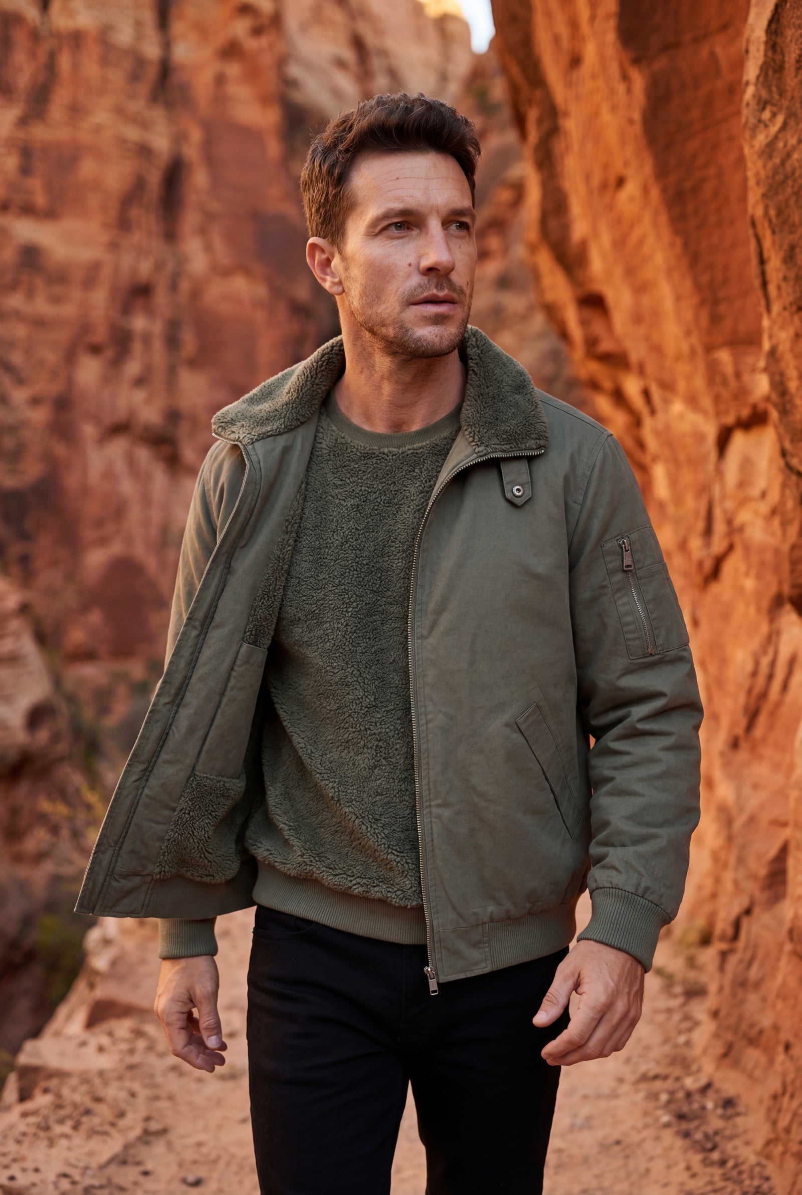 Olive Grey Men's Faux Collar Classic Bomber Jacket - Casual jacket - Photo 25