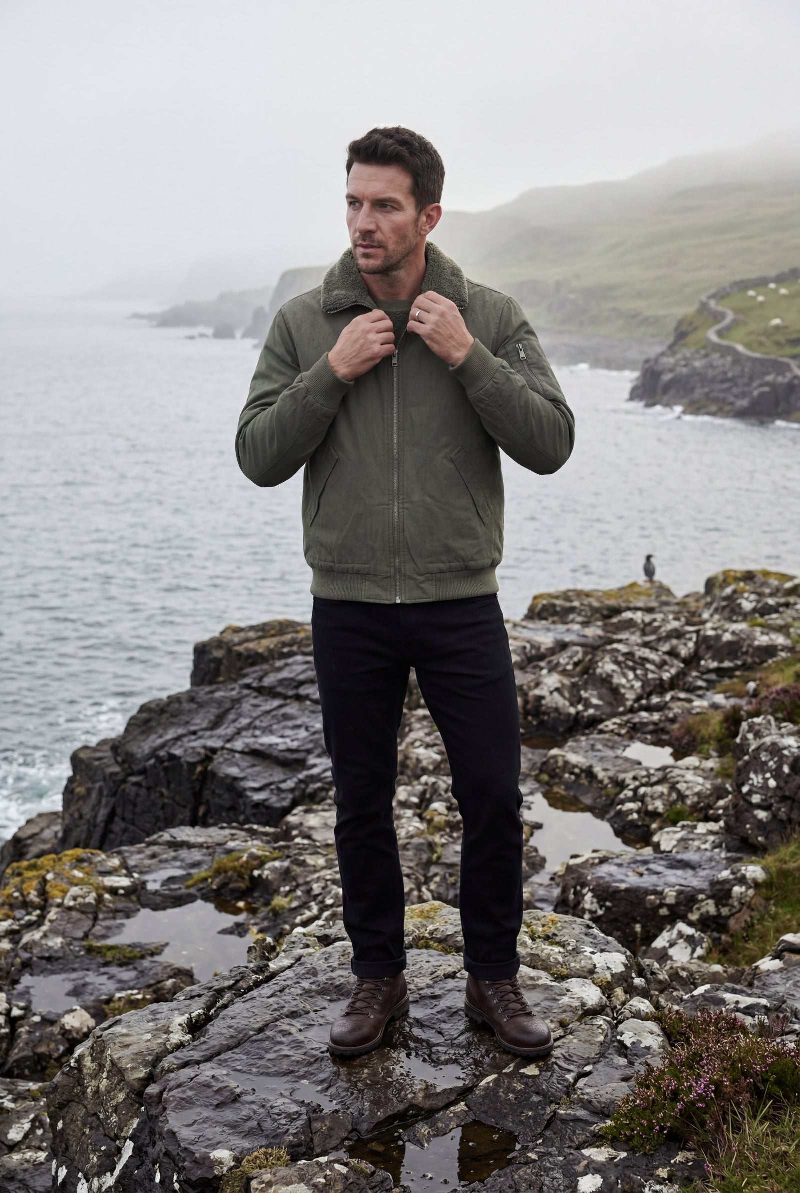 Olive Grey Men's Faux Collar Classic Bomber Jacket - Casual jacket - Photo 26