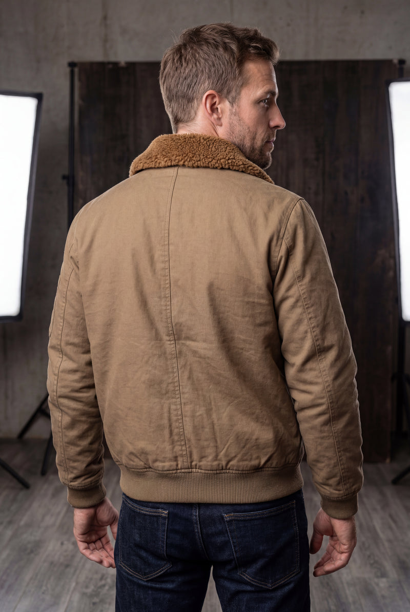 Khaki Men's Faux Collar Classic Bomber Jacket - Casual jacket - Photo 4