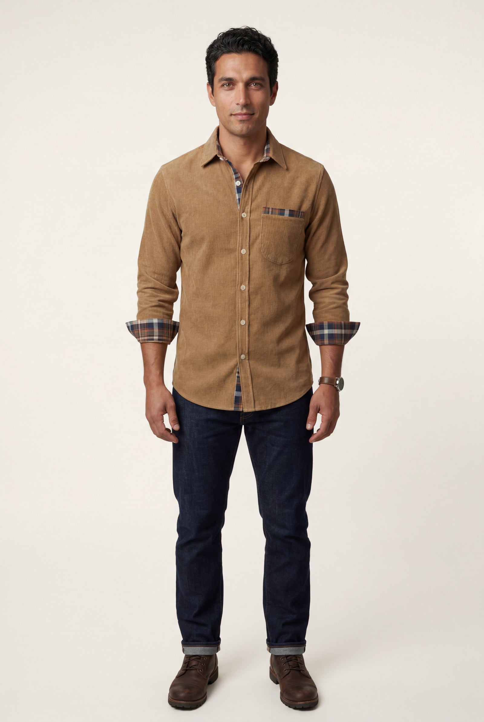 Khaki Men's Plaid Trim Button-Up Casual Shirt - Photo 14
