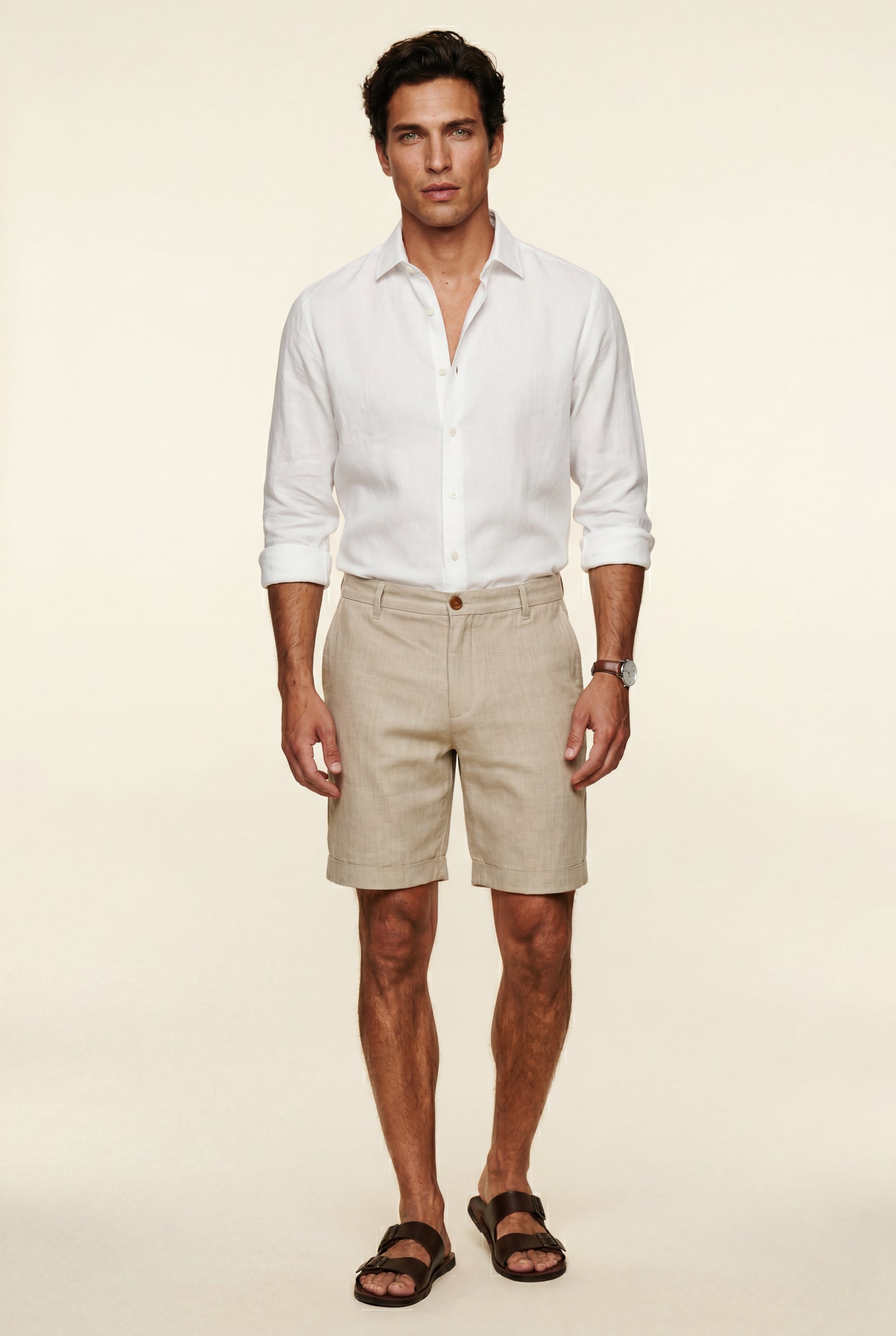 Khaki Men's Tailored Above-Knee Casual Shorts with Belt Loops - Photo 6