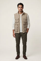 Khaki Multi-pocket Stand Collar Utility Vest - Vests - Photo 1