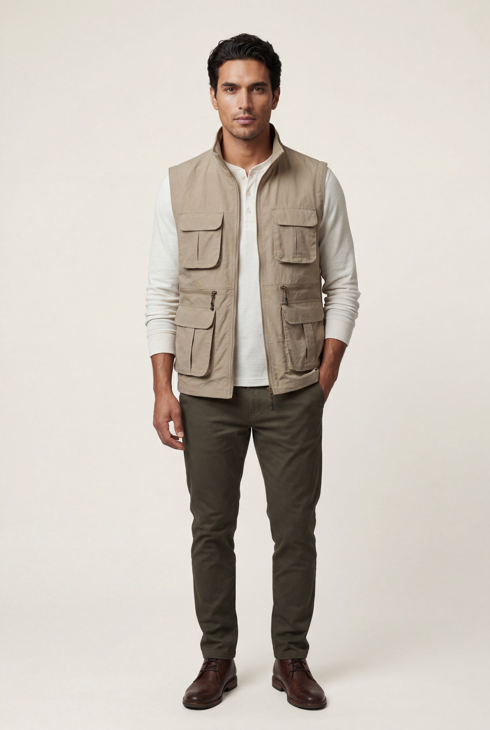 Khaki Multi-pocket Stand Collar Utility Vest - Vests - Photo 1