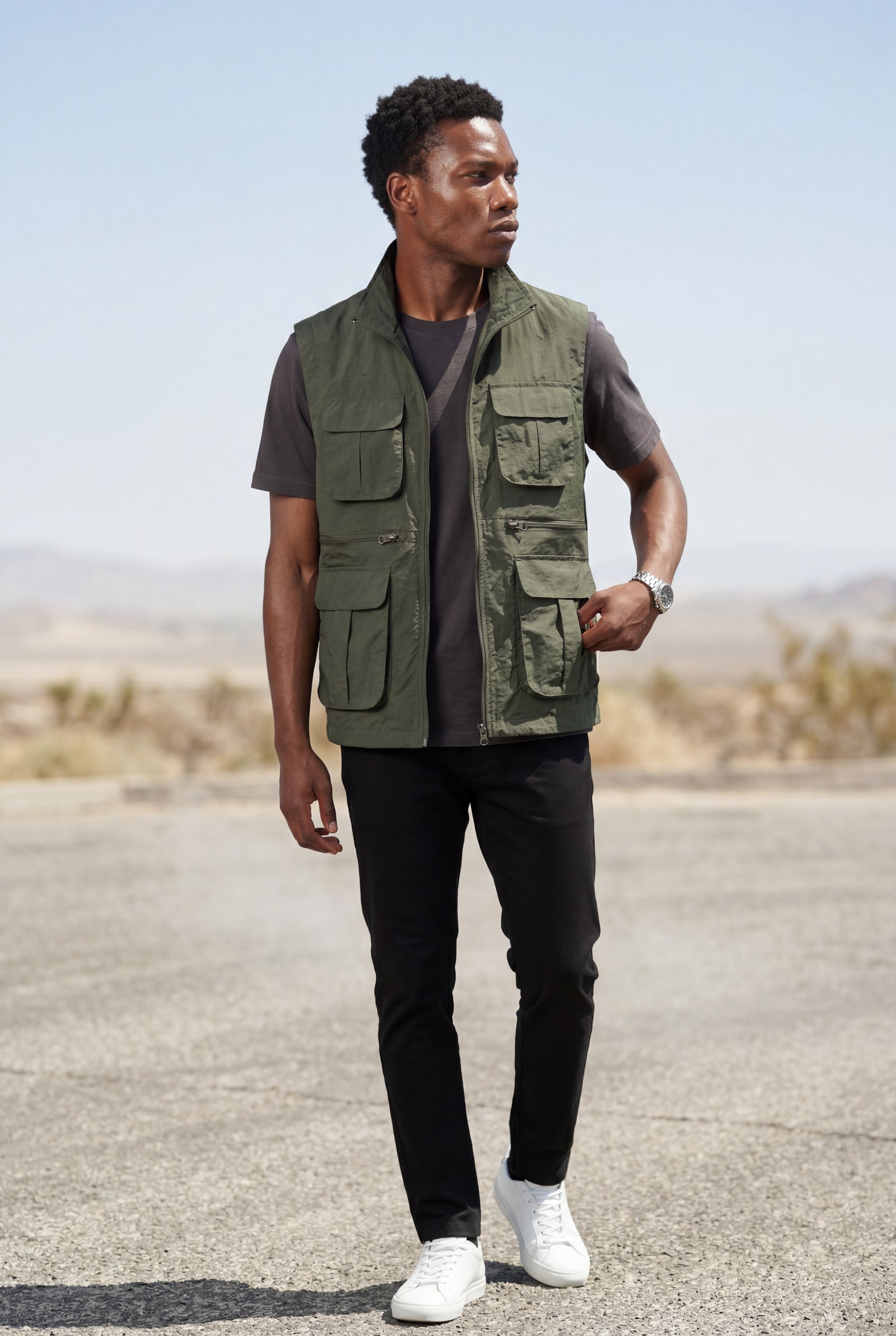 Army Green Multi-pocket Stand Collar Utility Vest - Vests - Photo 15