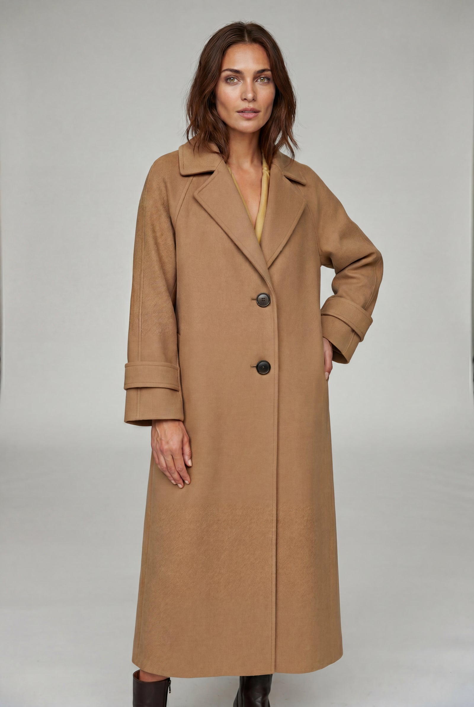 Khaki Notched Lapel Full-length Tailored Coat - Photo 1