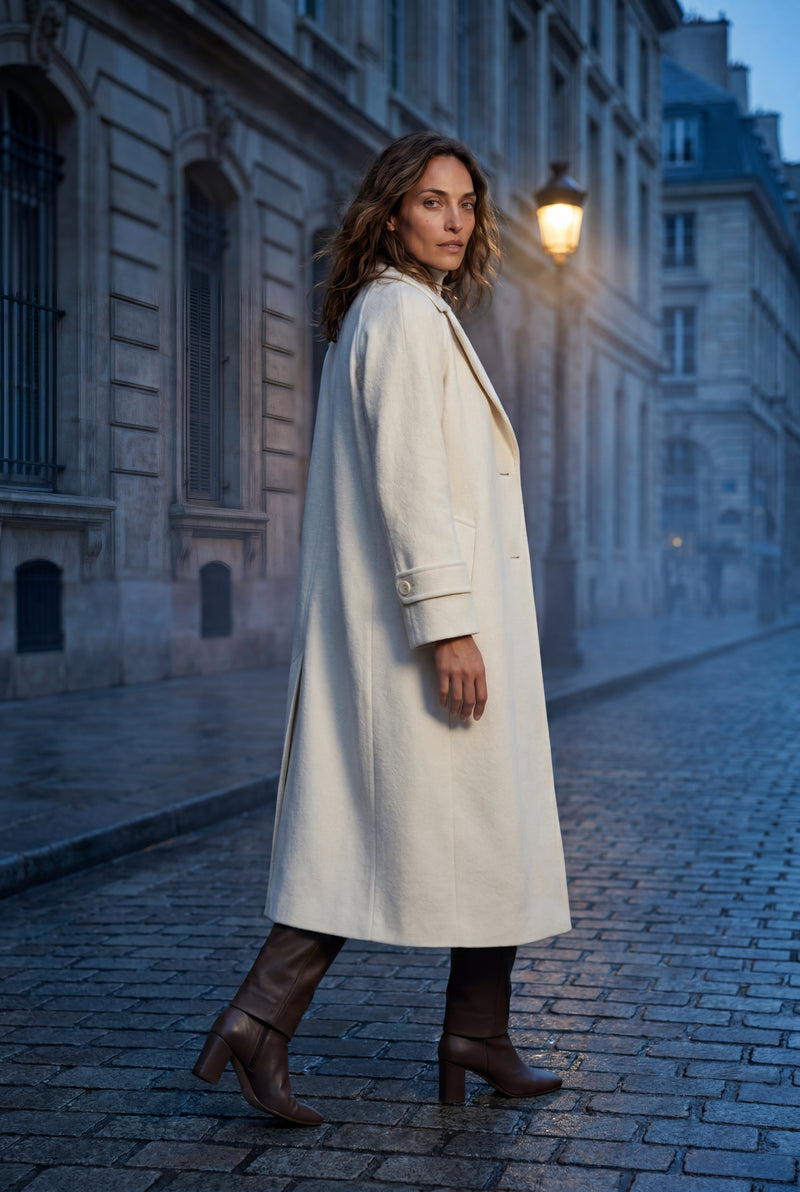 Cream Notched Lapel Full-length Tailored Coat - Photo 3