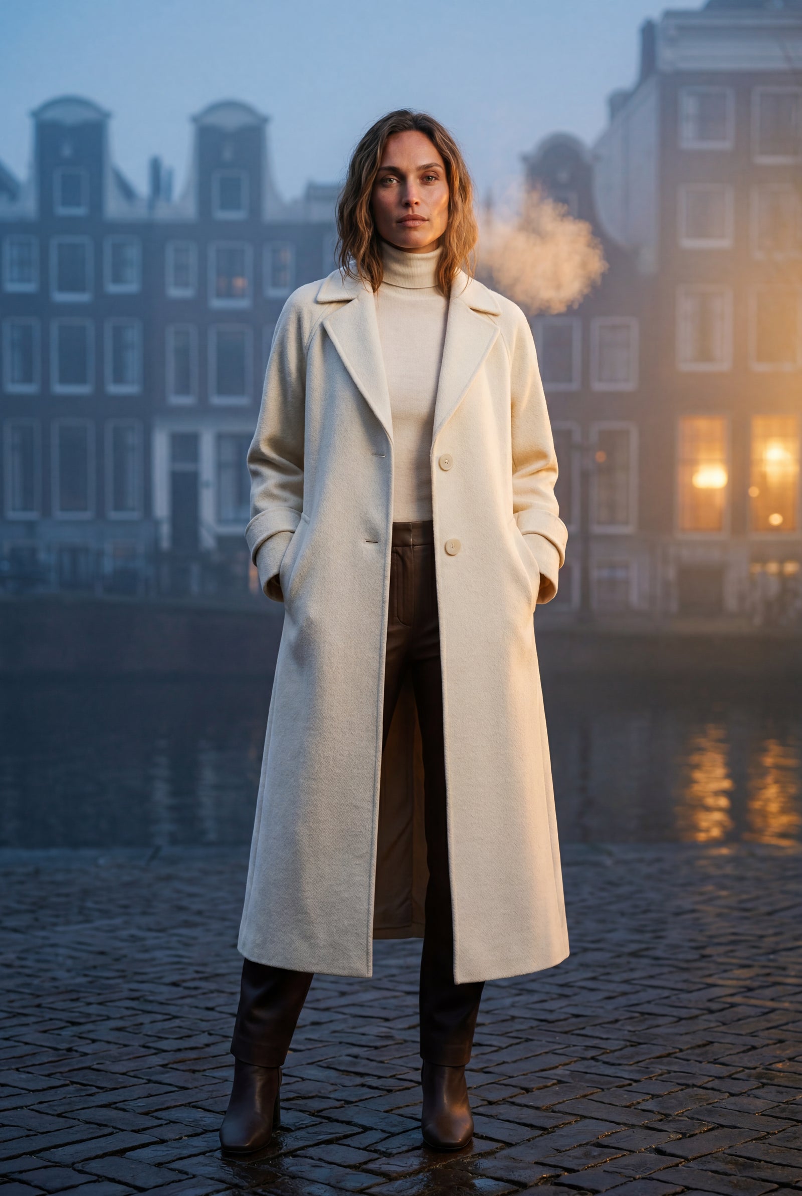 Cream Notched Lapel Full-length Tailored Coat - Photo 4
