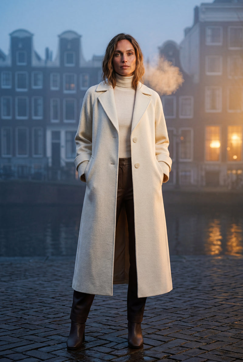 Cream Notched Lapel Full-length Tailored Coat - Photo 4