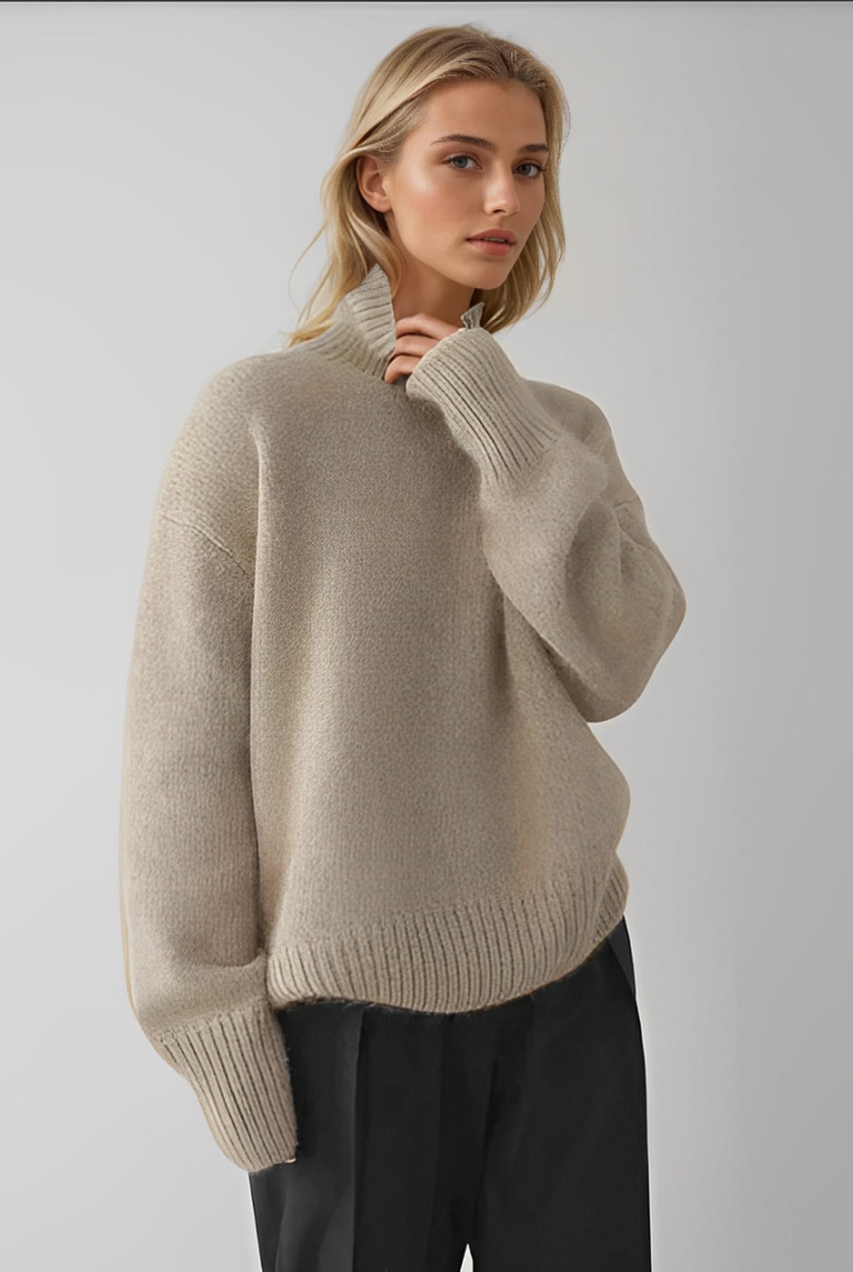 Oversized Ribbed Turtleneck Sweater in Khaki — front view