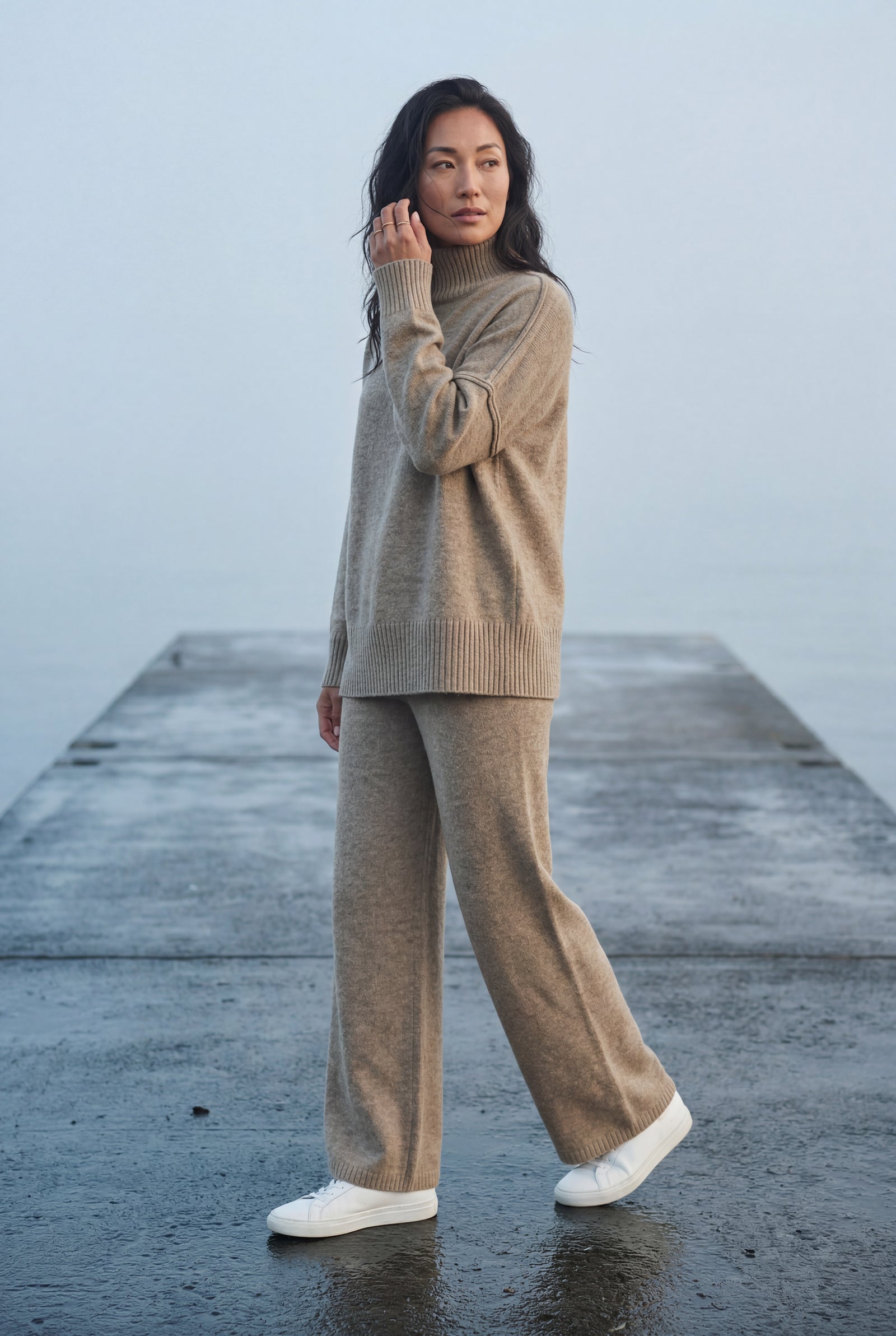 Khaki Oversized Turtleneck Relaxed Lounge Set with Wide-leg Pants - Photo 7