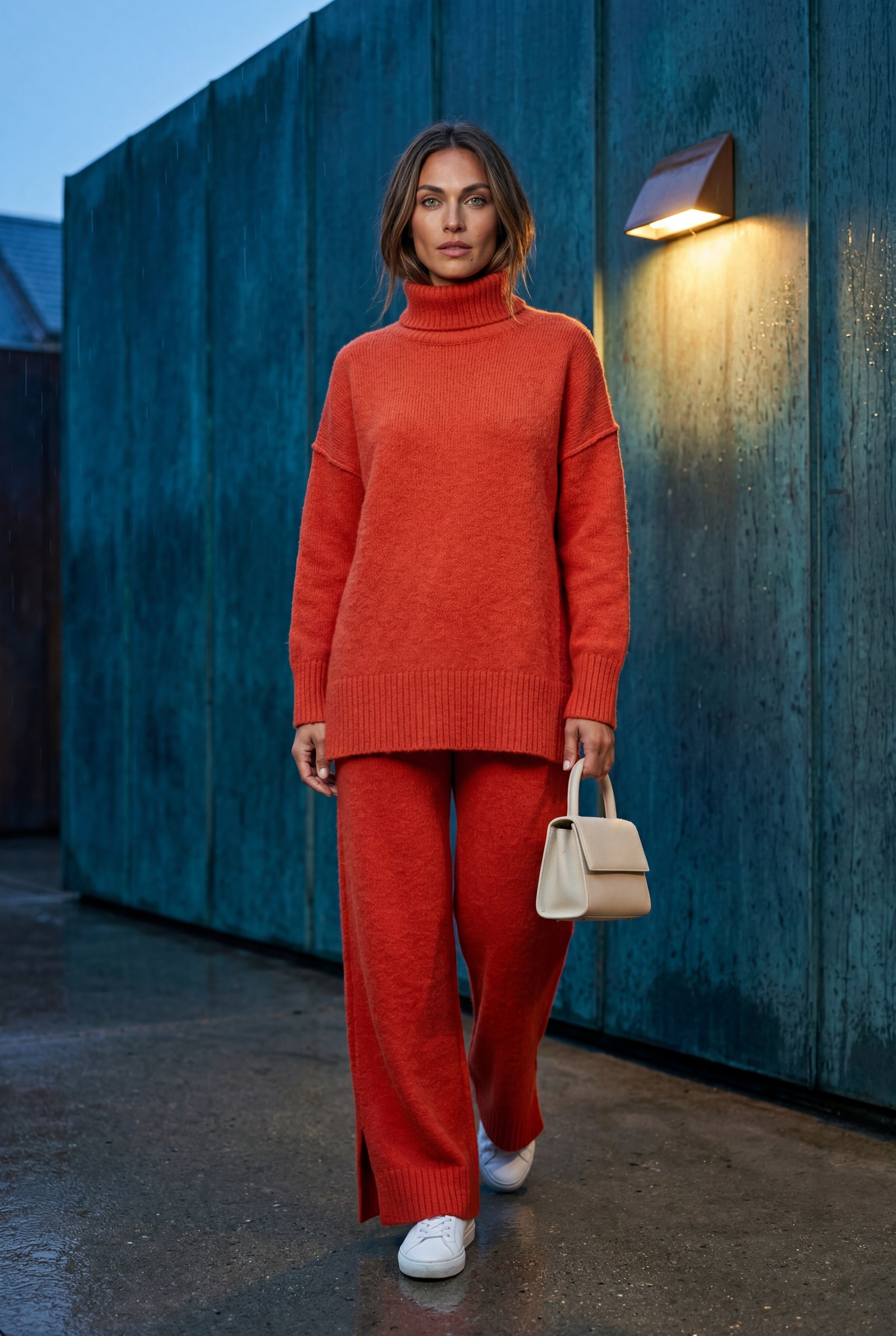 Red Oversized Turtleneck Relaxed Lounge Set with Wide-leg Pants - Photo 8