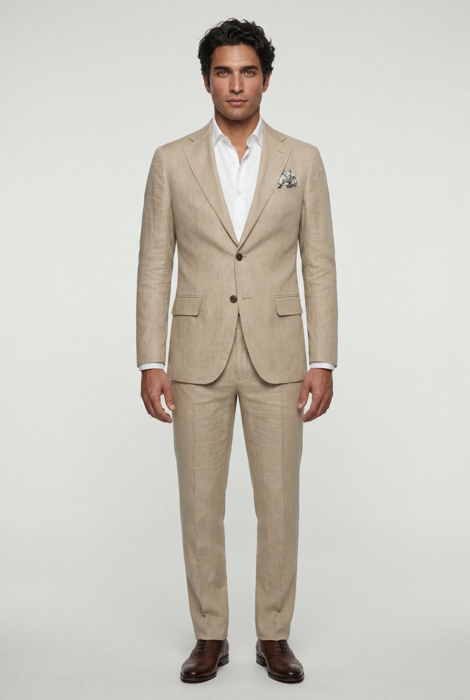 Khaki Pastel Slim Fit Two-piece Suit with Notched Lapel - Two-piece suits - Photo 9