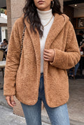 Plush Hooded Teddy Coat in Khaki — studio front