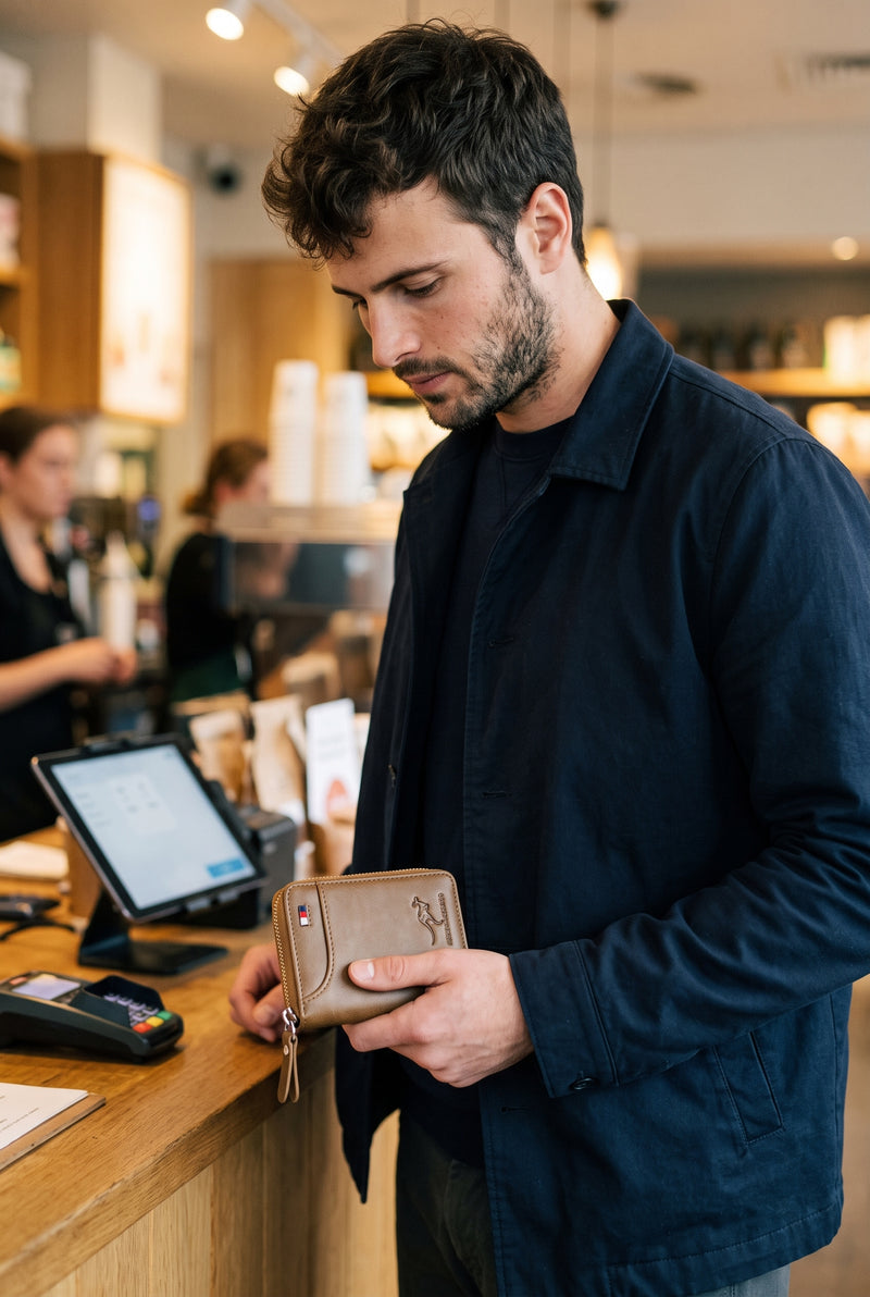 PU Leather Zip-Around Wallet in Khaki — lifestyle