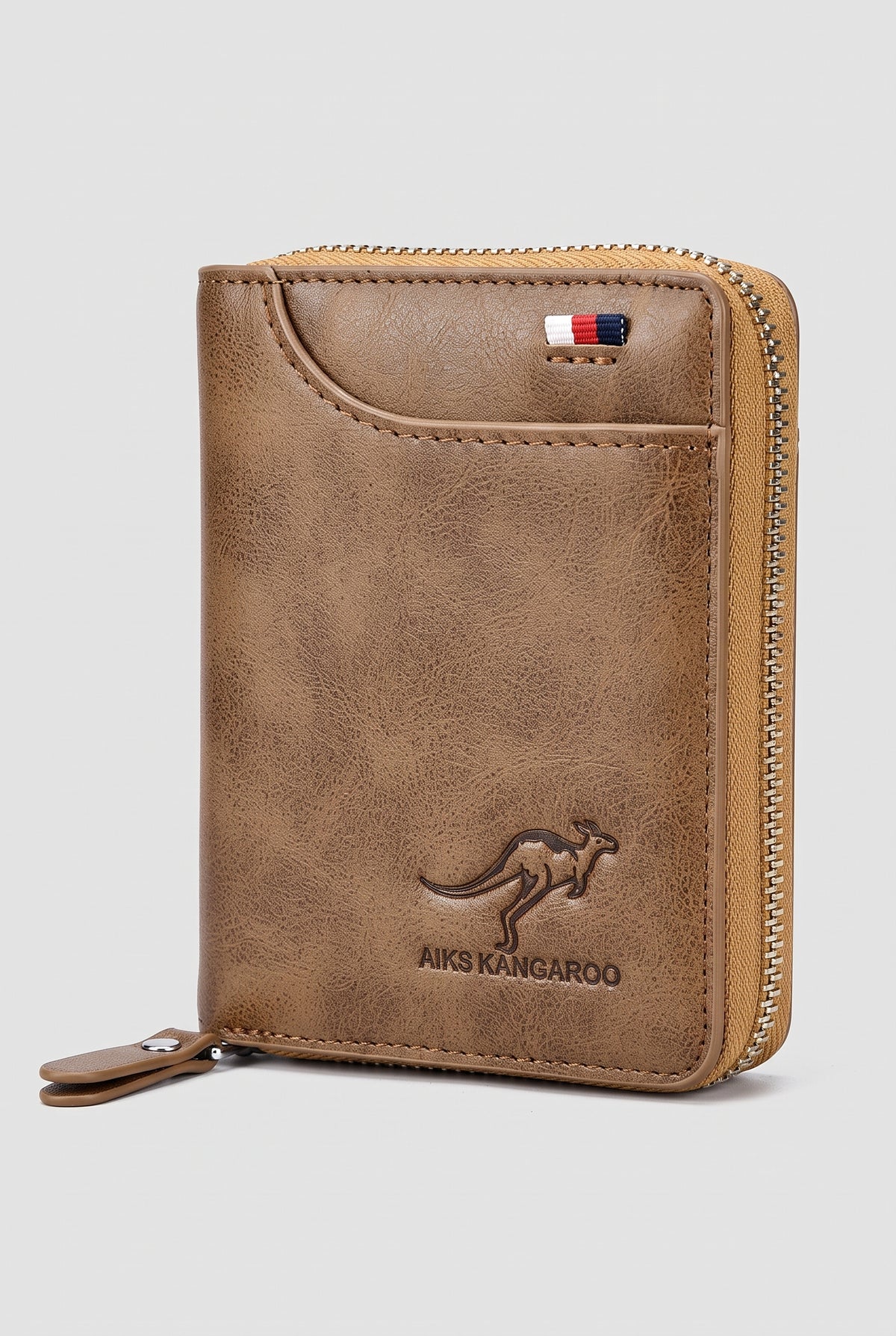 PU Leather Zip-Around Wallet in Khaki — studio front