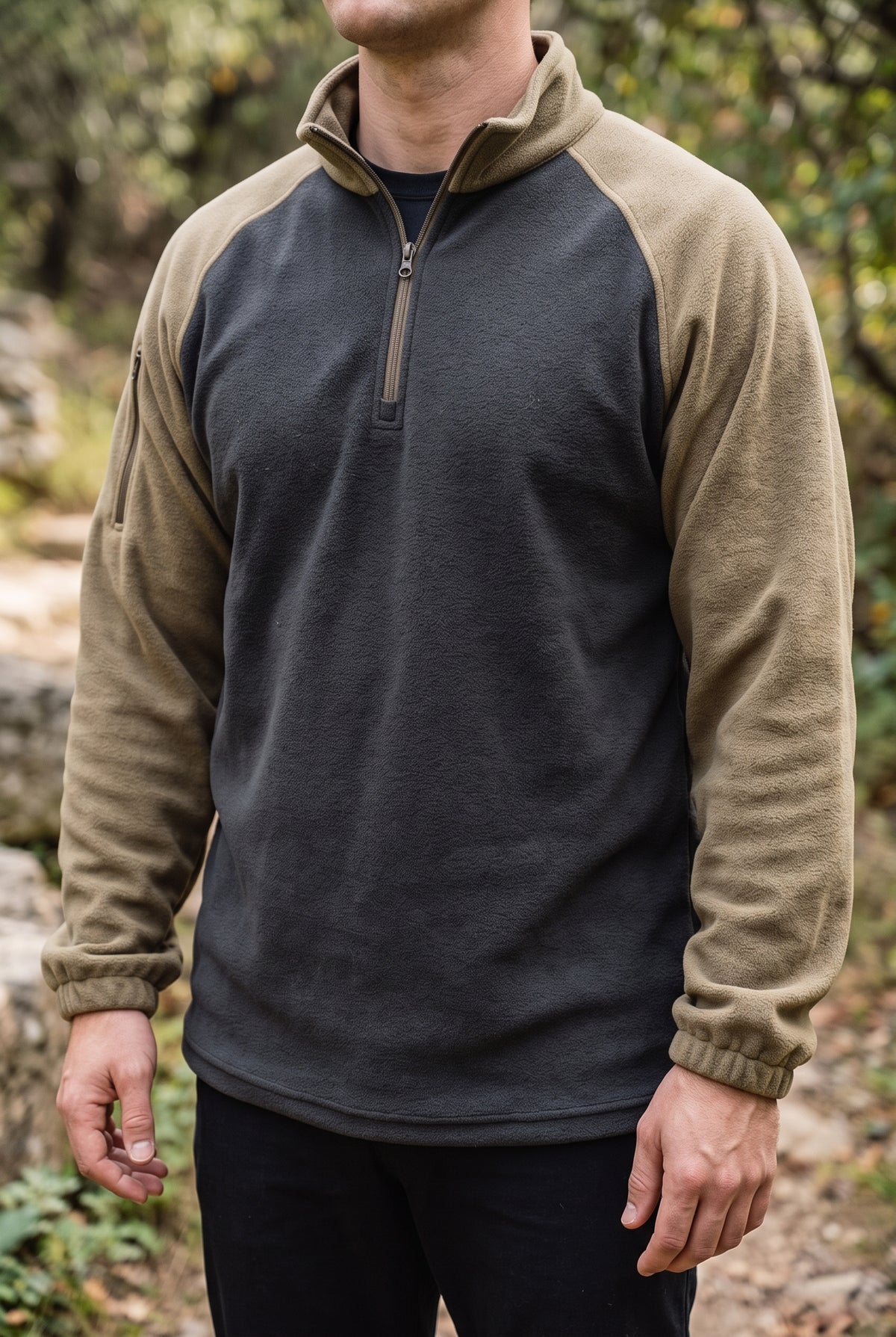 Quarter-Zip Fleece Sweatshirt in Khaki — studio front