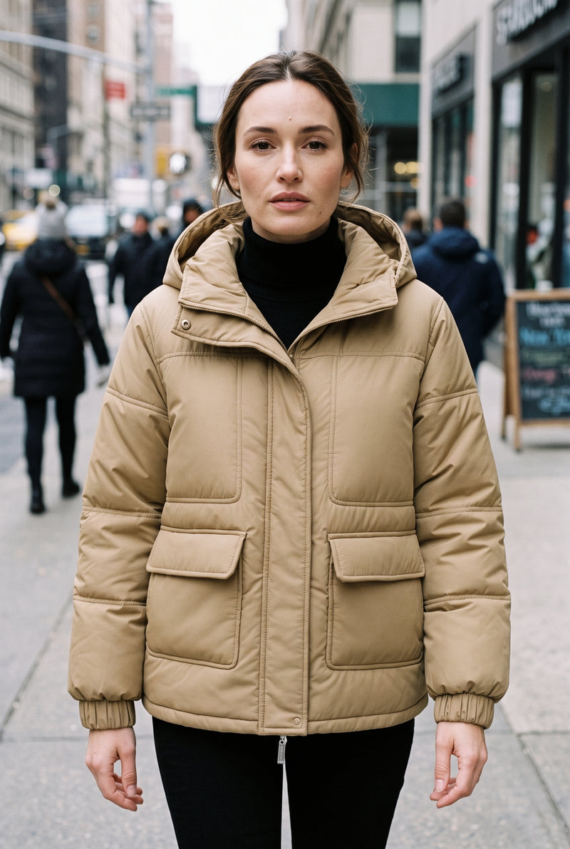 Quilted Hooded Puffer Jacket in Khaki — lifestyle