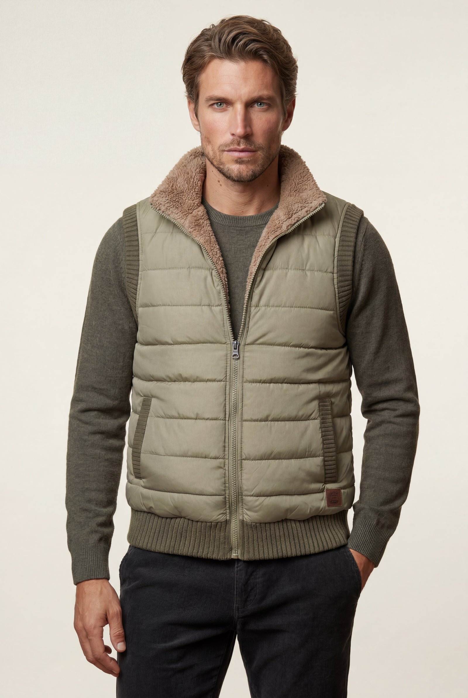 Khaki Quilted Puffer Vest with -lined Collar - Vests - Photo 6